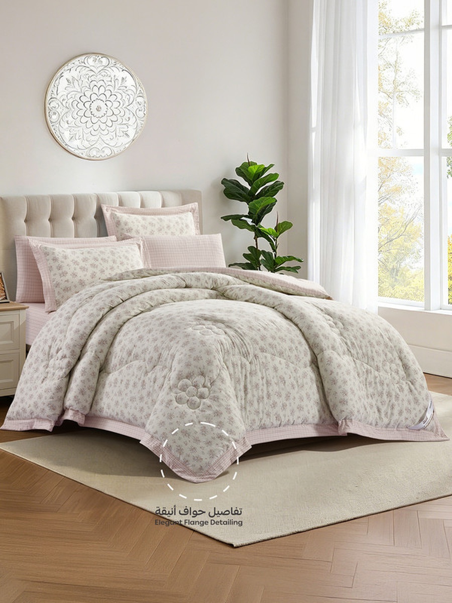 6-Piece King Comforter Set, 260x240 cm, Reversible Printed, Brushed Microfiber, 350 GSM Down Alternative Filling, (Pearl White)