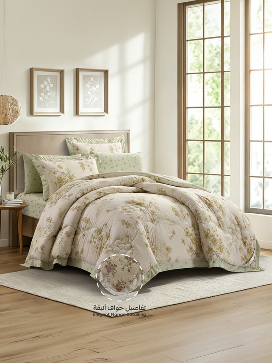 6-Piece King Comforter Set, 260x240 cm, Reversible Printed, Brushed Microfiber, 350 GSM Down Alternative Filling, (Champagne)