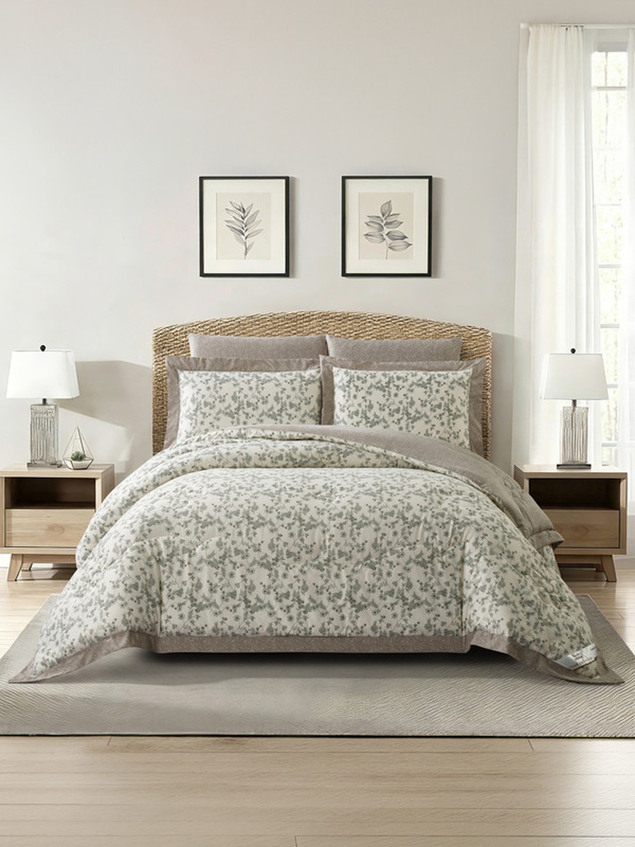 6-Piece King Comforter Set, 260x240 cm, Reversible Printed, Brushed Microfiber, 350 GSM Down Alternative Filling, (Sage Mist)