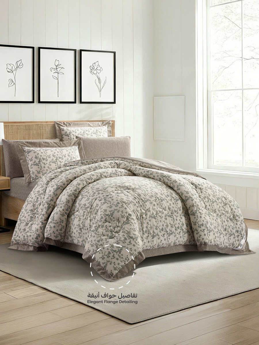 6-Piece King Comforter Set, 260x240 cm, Reversible Printed, Brushed Microfiber, 350 GSM Down Alternative Filling, (Sage Mist)