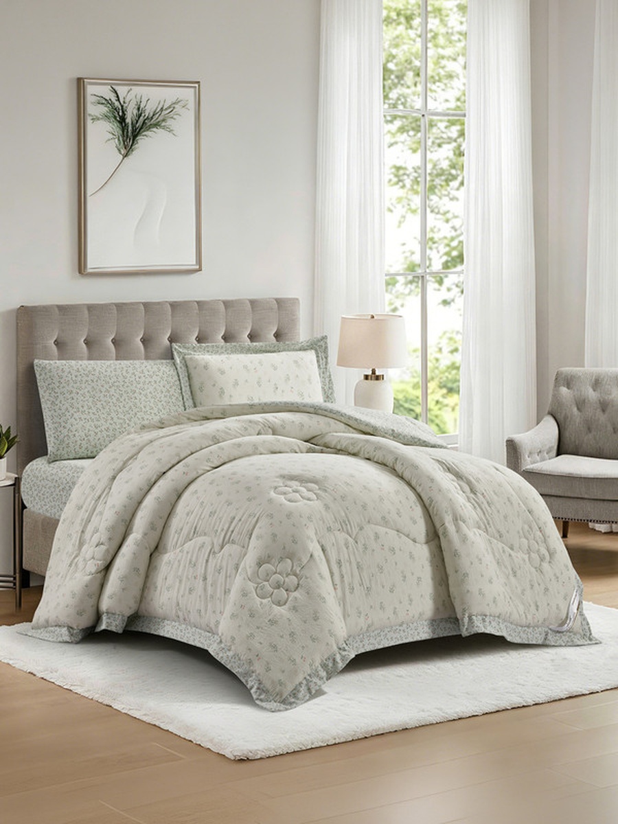 4-Piece Single Comforter Set, 170x230 cm, Reversible Printed, Brushed Microfiber, 350 GSM Down Alternative Filling, (Pistachio)