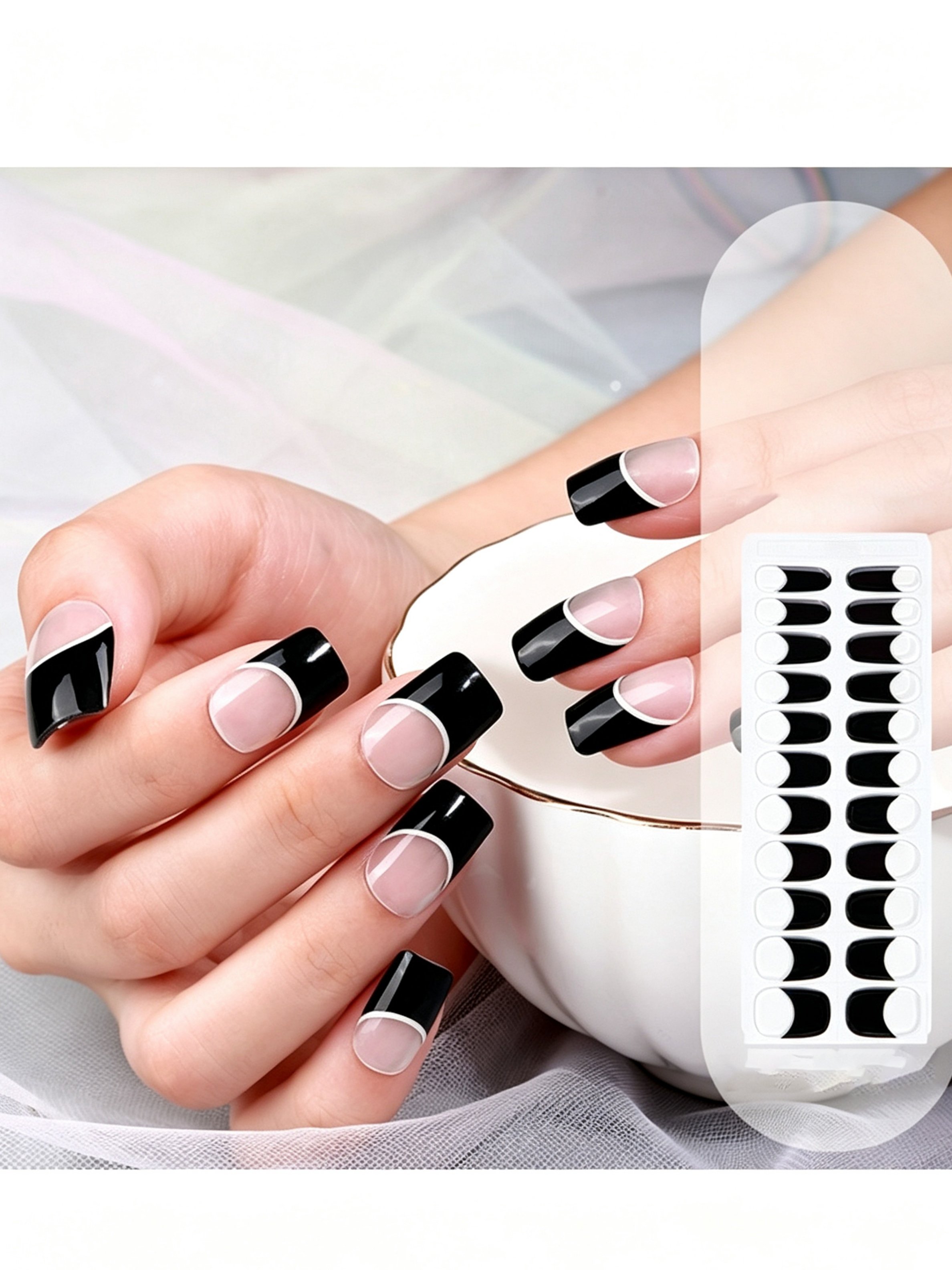 Glossy Black and Nude French Tip Artificial Nails - DIY Gel Nail Stickers
