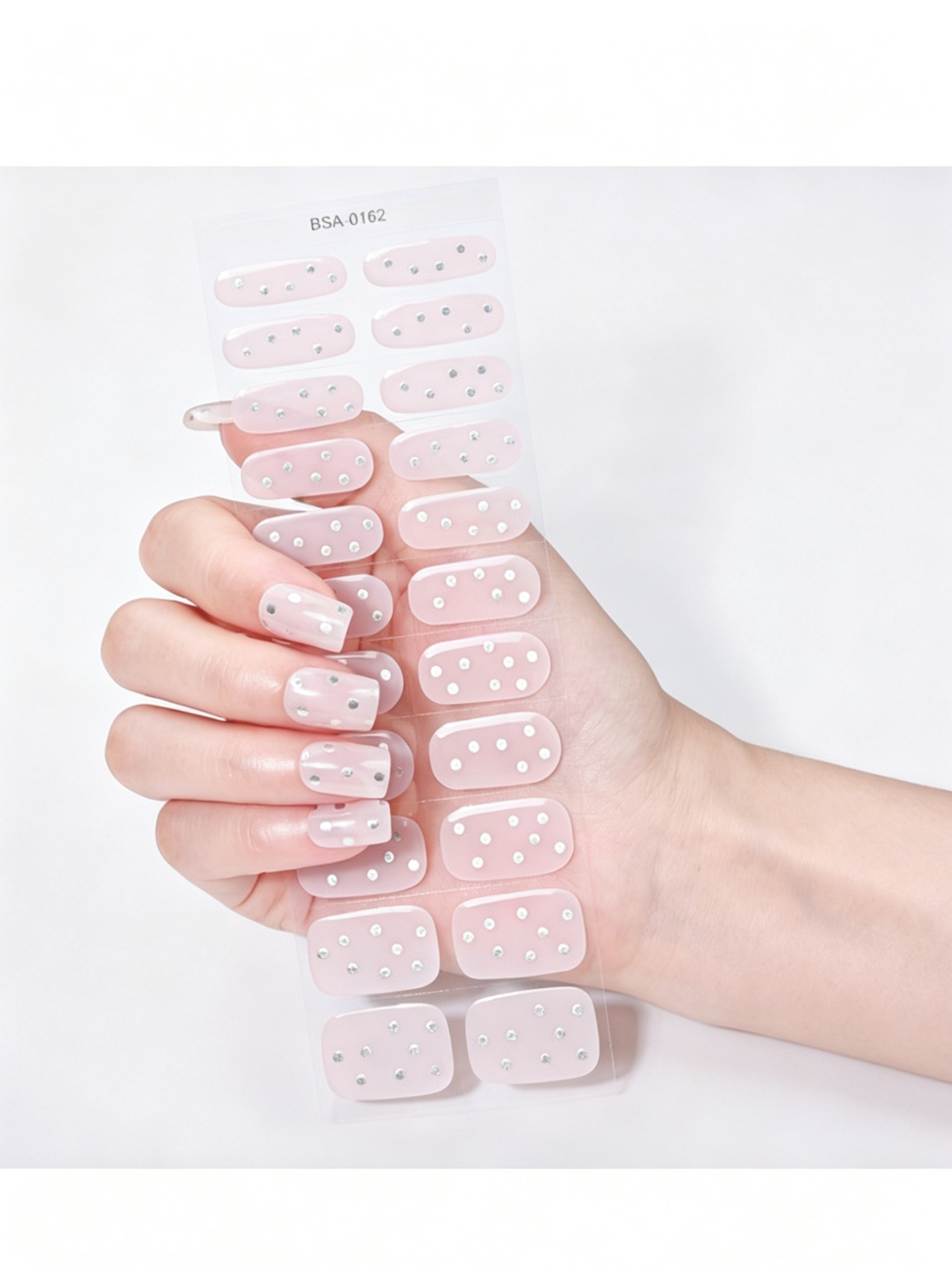 Nude Glossy Gel Nail Stickers with Silver Dots - UV-Free and Easy Application