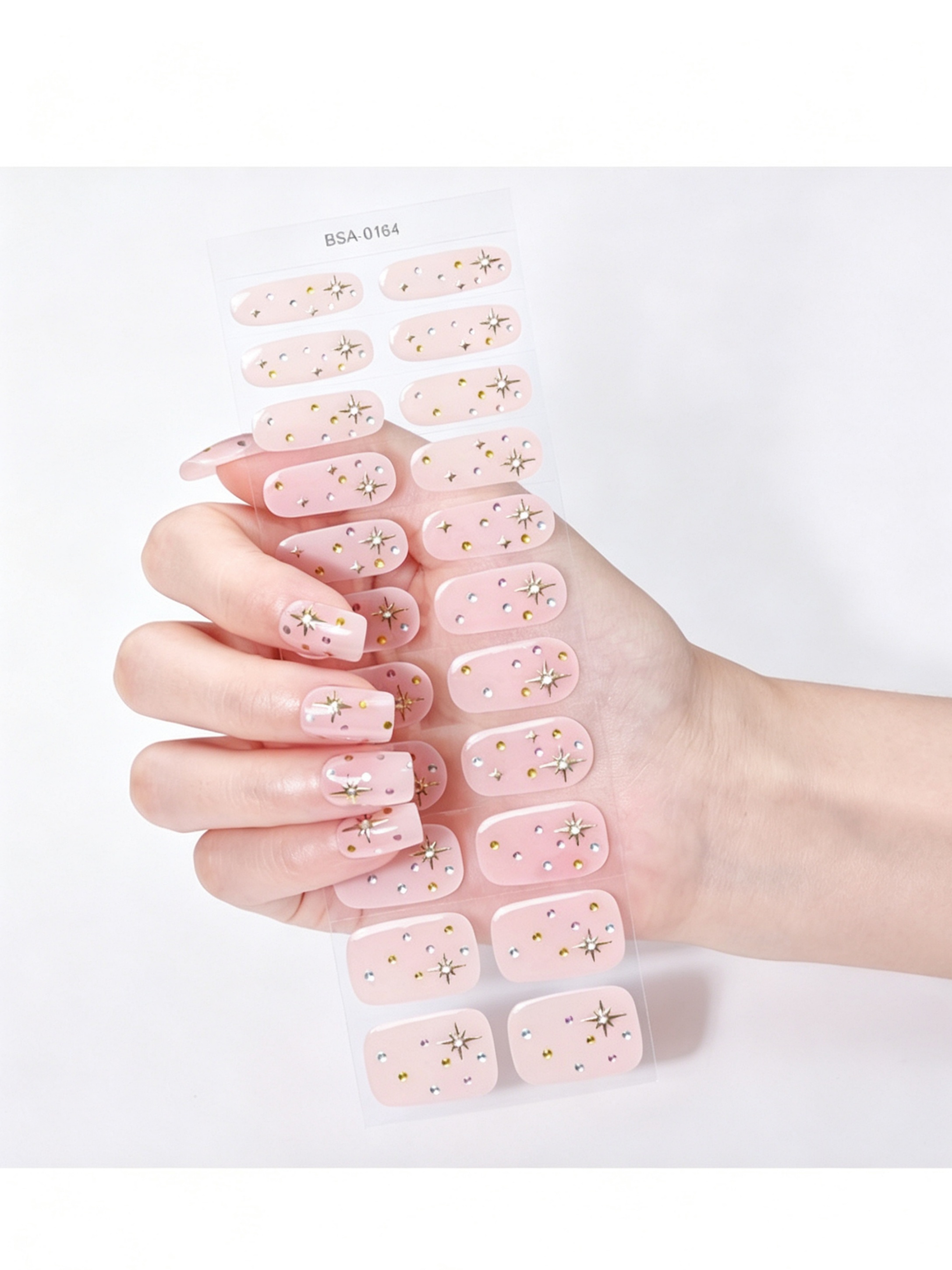 Nude Gel Nail Stickers with Star and Diamond Accents - UV-Free and Glossy