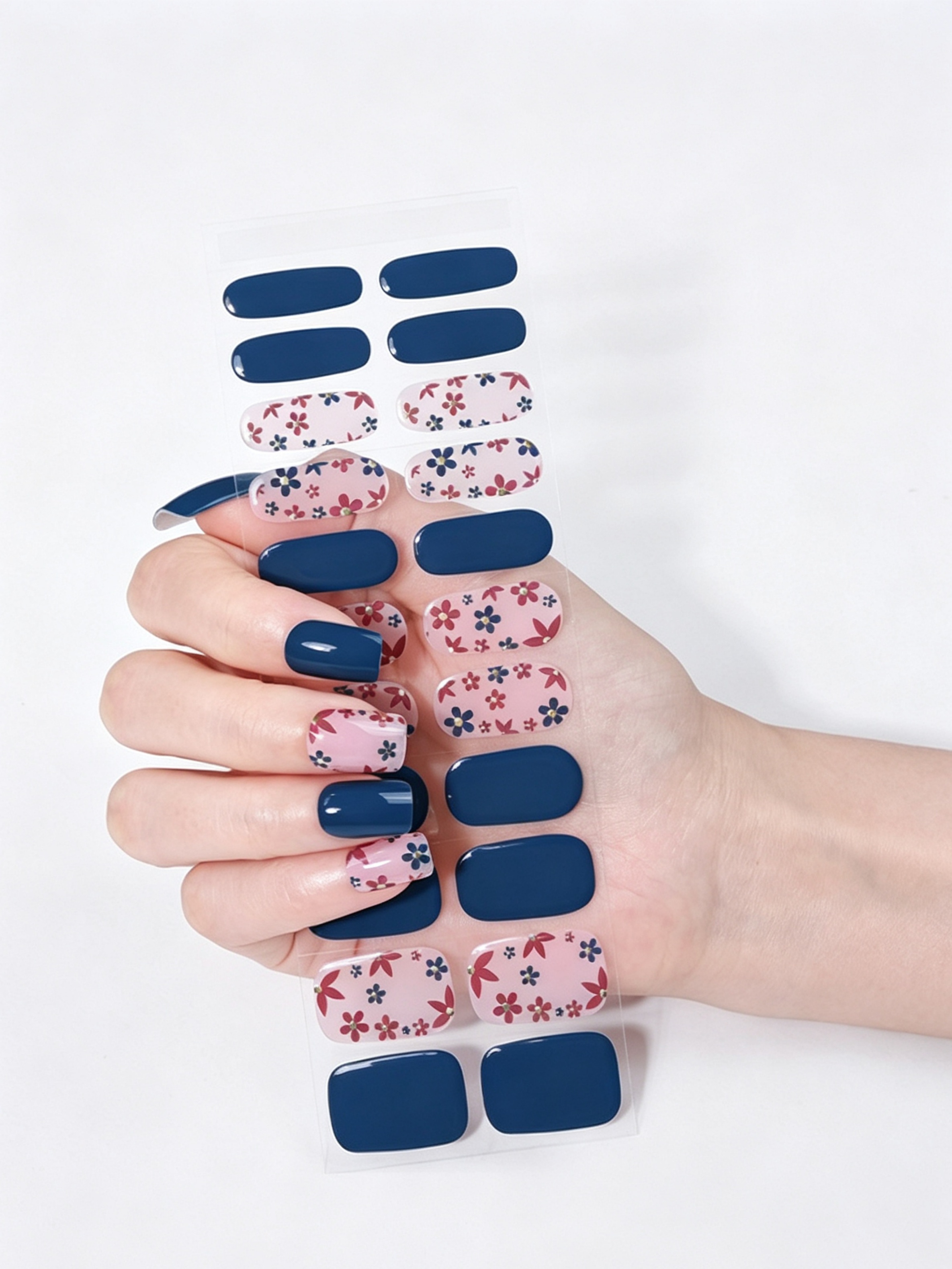 Glossy Floral and Solid Navy Gel Nail Wraps - UV-Free and Easy Apply