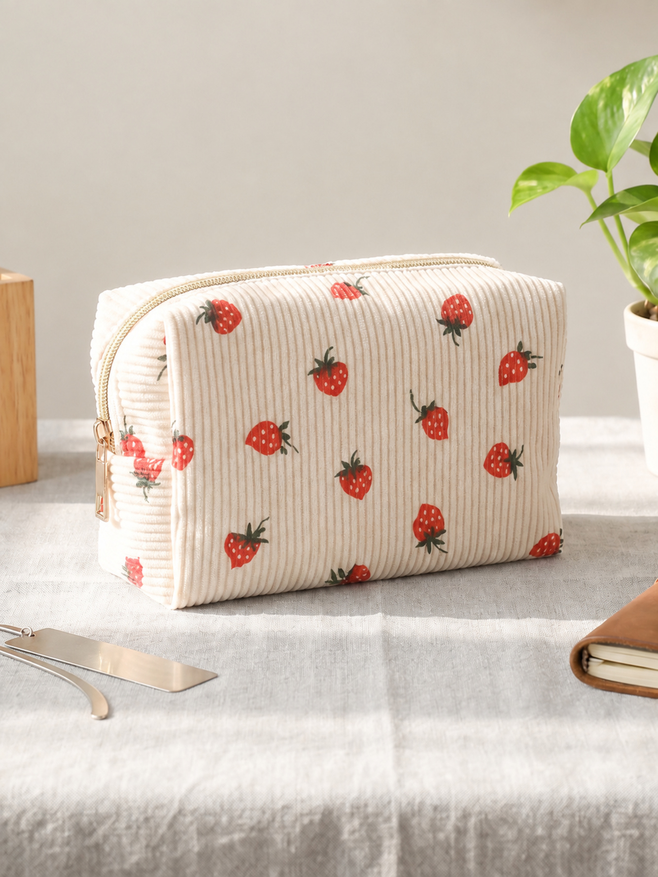Strawberry Corduroy Cosmetic Pouch