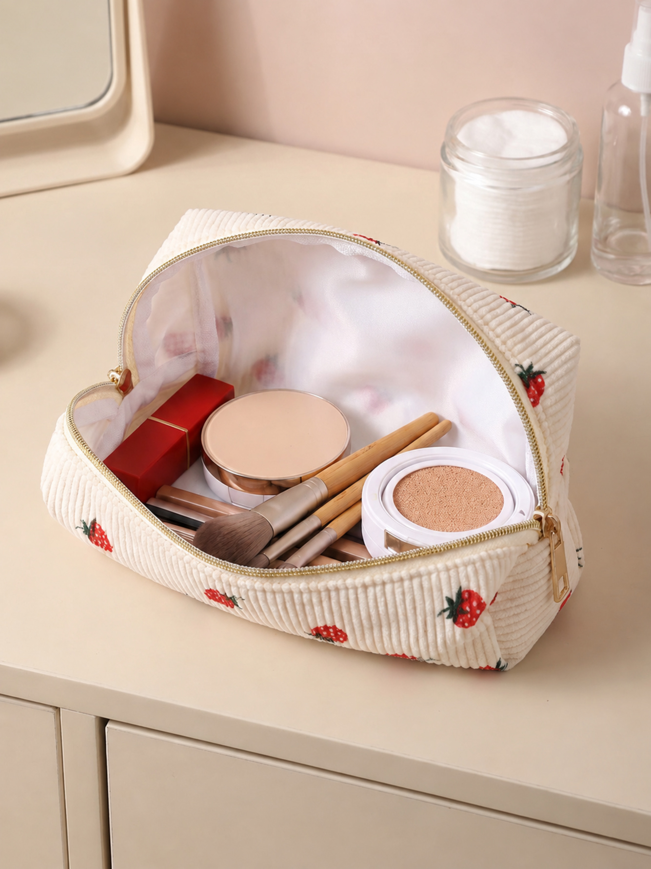 Strawberry Corduroy Cosmetic Pouch