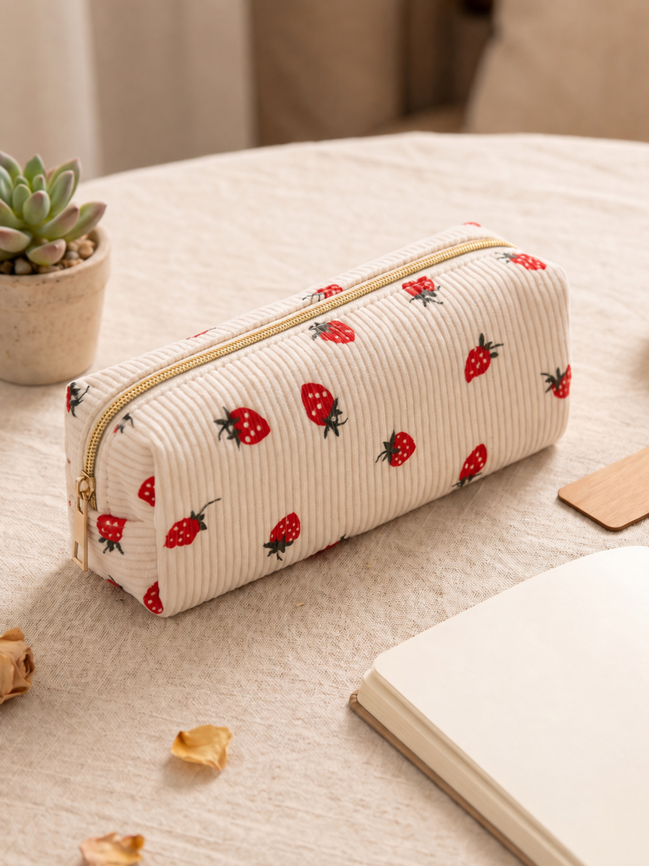 Cream Corduroy Strawberry Pencil Pouch