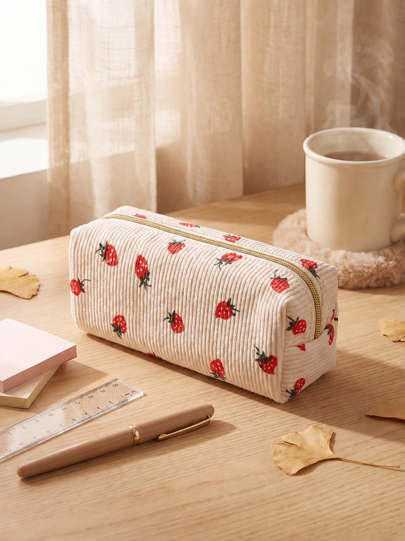 Cream Corduroy Strawberry Pencil Pouch