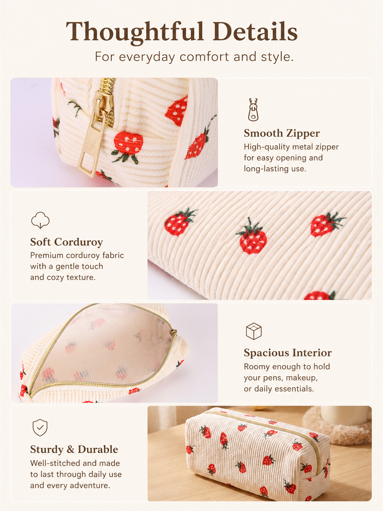 Cream Corduroy Strawberry Pencil Pouch