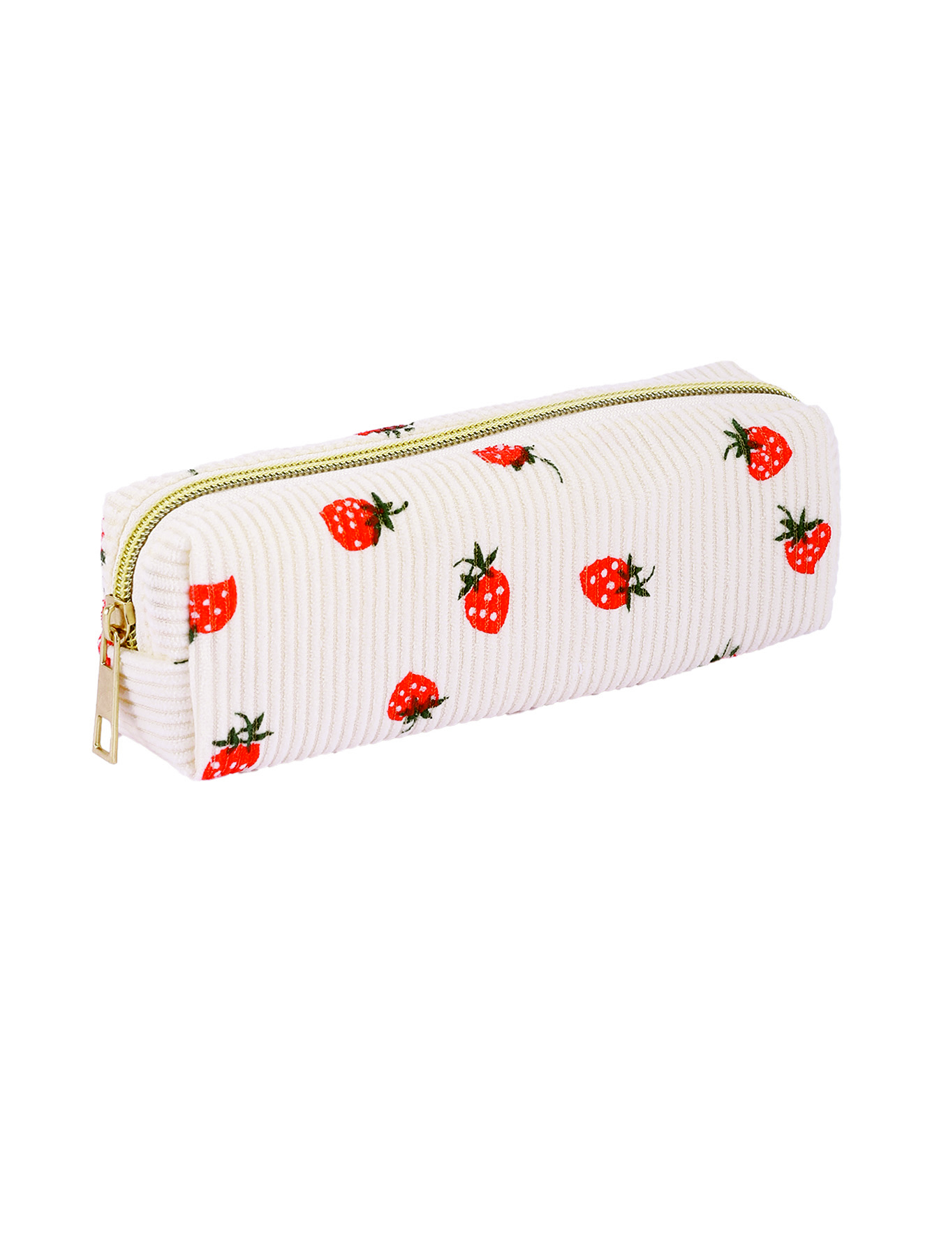 Cream Corduroy Strawberry Pencil Case with Zipper