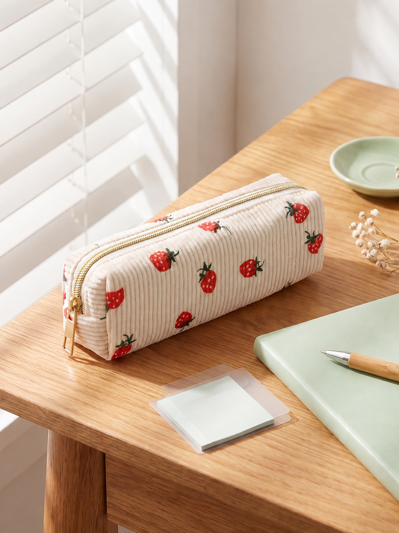 Cream Corduroy Strawberry Pencil Case with Zipper