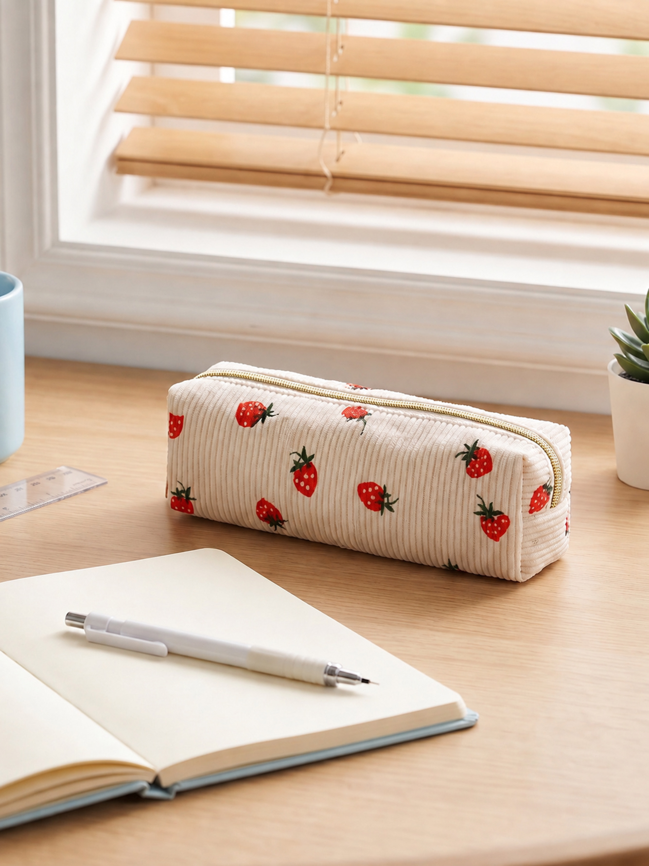 Cream Corduroy Strawberry Pencil Case with Zipper
