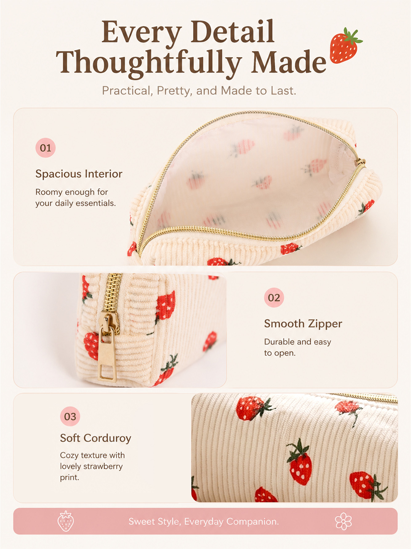 Cream Corduroy Strawberry Pencil Case with Zipper