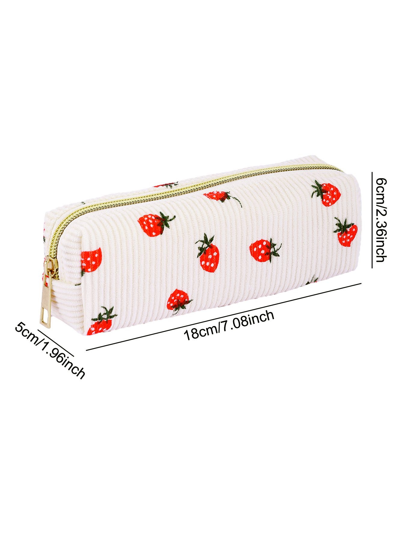 Cream Corduroy Strawberry Pencil Case with Zipper