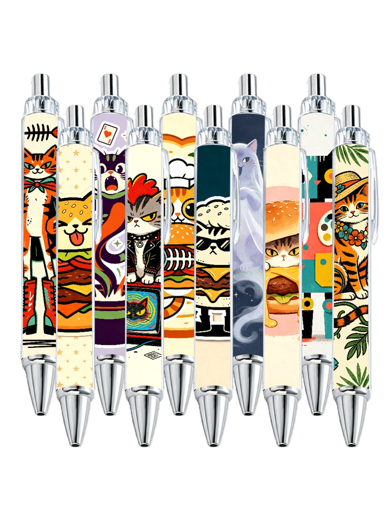 Cat And Burger Design Gel Pen - 10-Pack