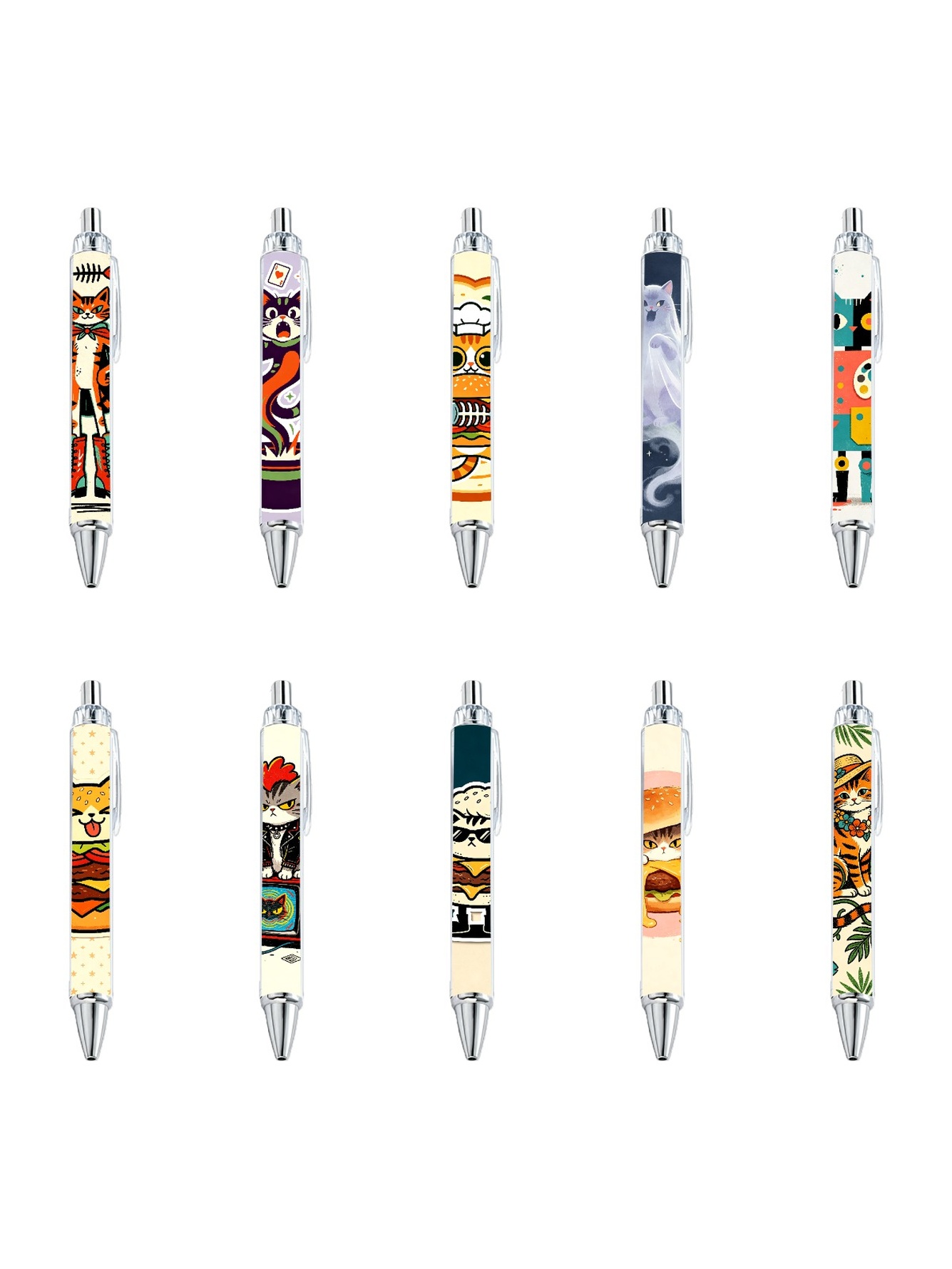 Cat And Burger Design Gel Pen - 10-Pack