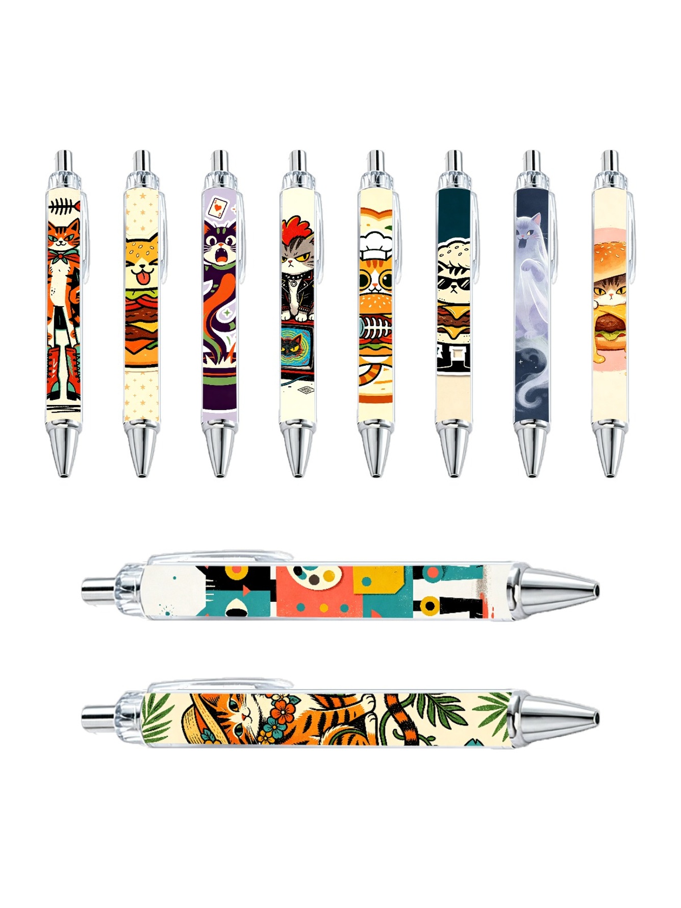 Cat And Burger Design Gel Pen - 10-Pack