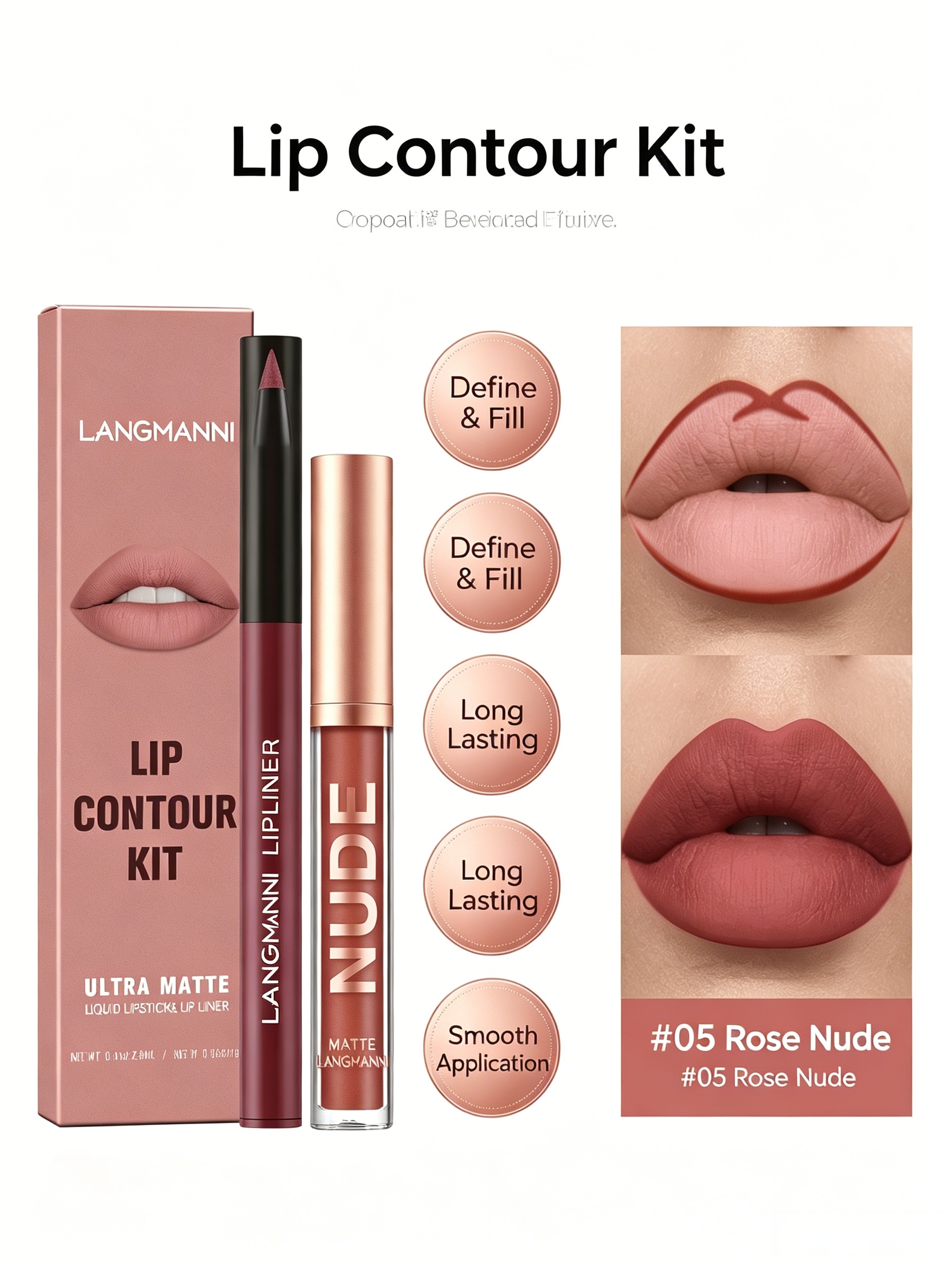 LANGMANNI Nude Matte Lip Contour Kit - Liquid Lipstick and Lip Liner Set #05