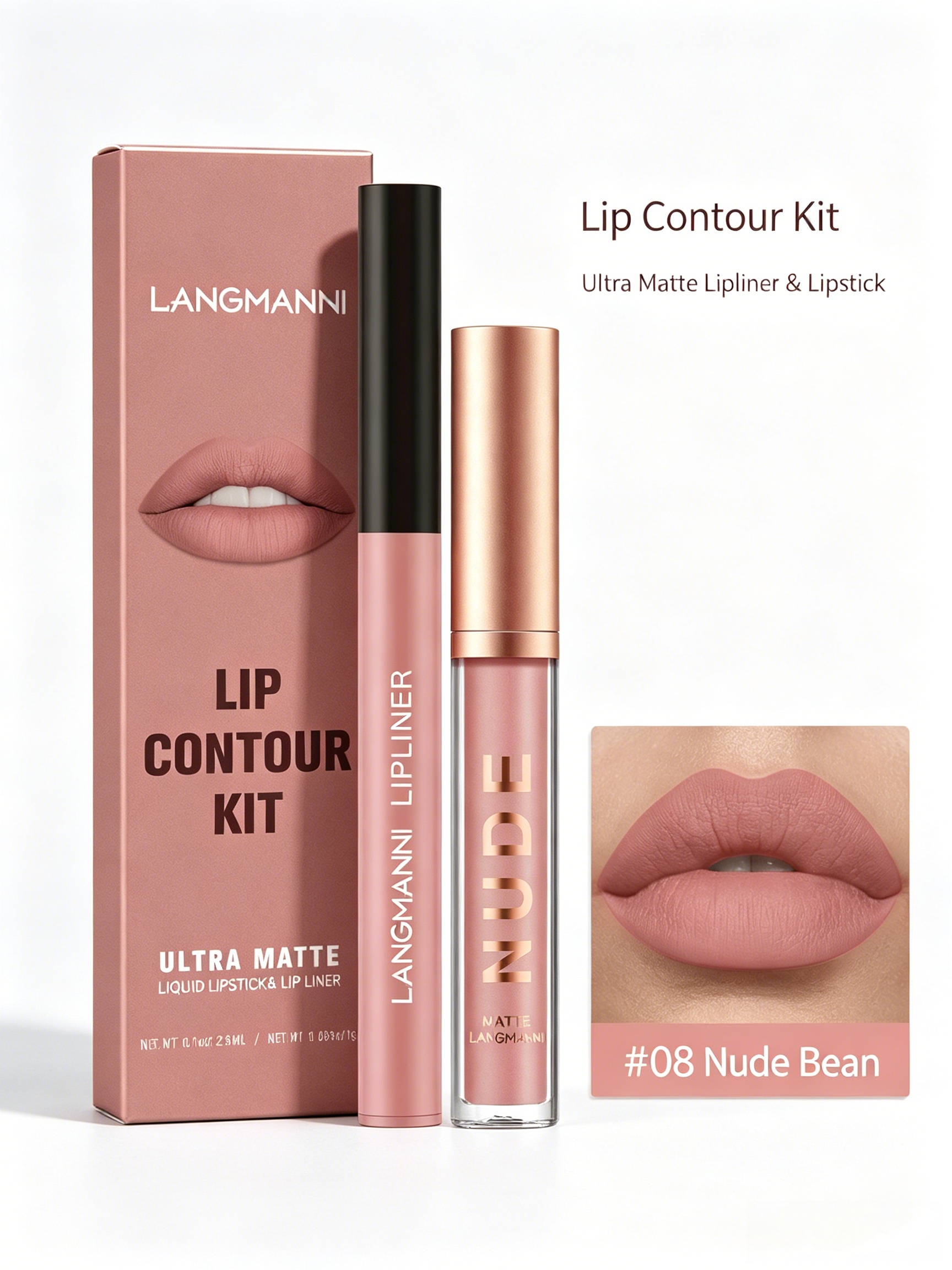 LANGMANNI Ultra Matte Nude Lip Contour Kit - Liquid Lipstick and Lip Liner Set #08 Nude Bean
