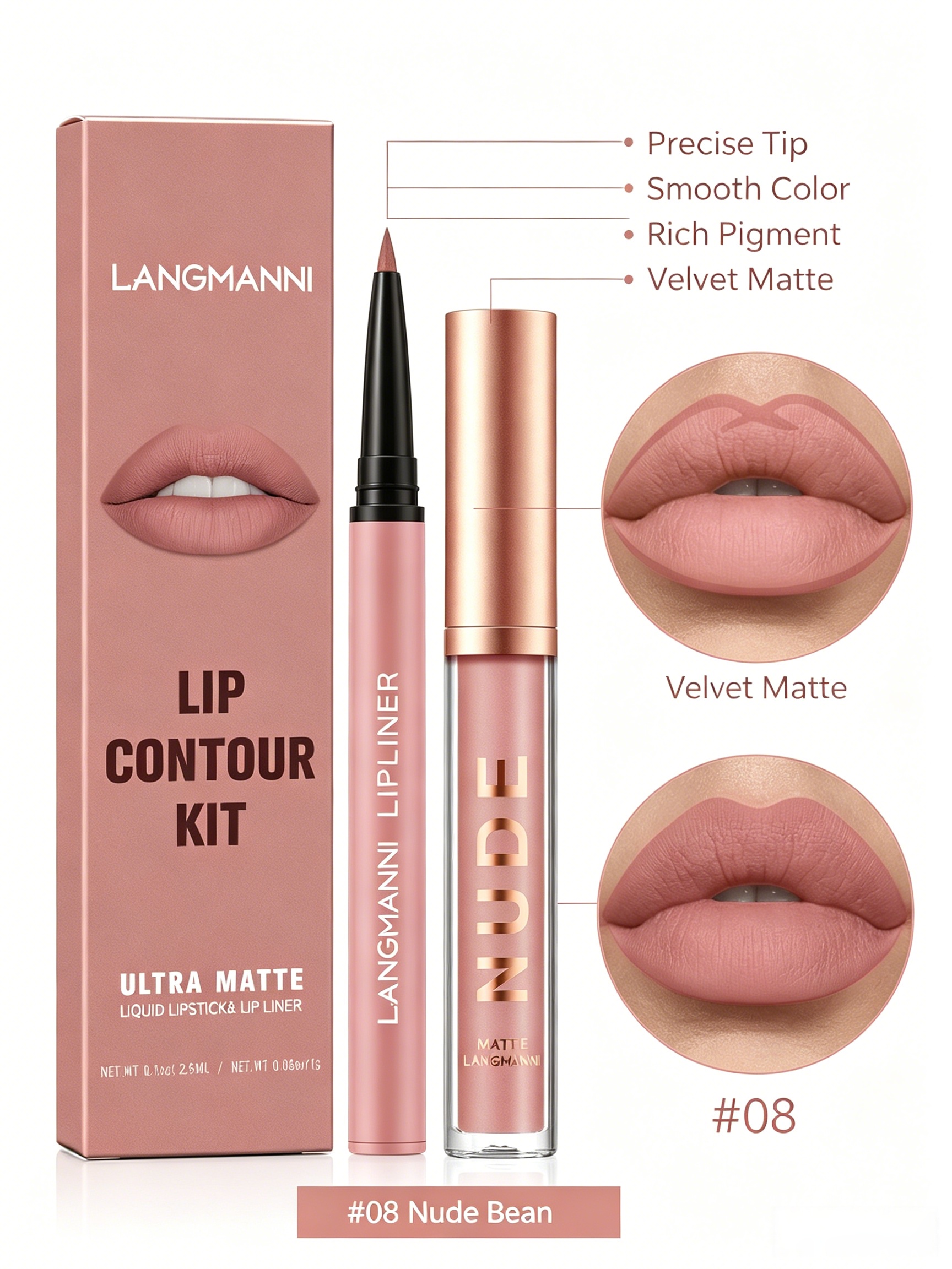 LANGMANNI Ultra Matte Nude Lip Contour Kit - Liquid Lipstick and Lip Liner Set #08 Nude Bean
