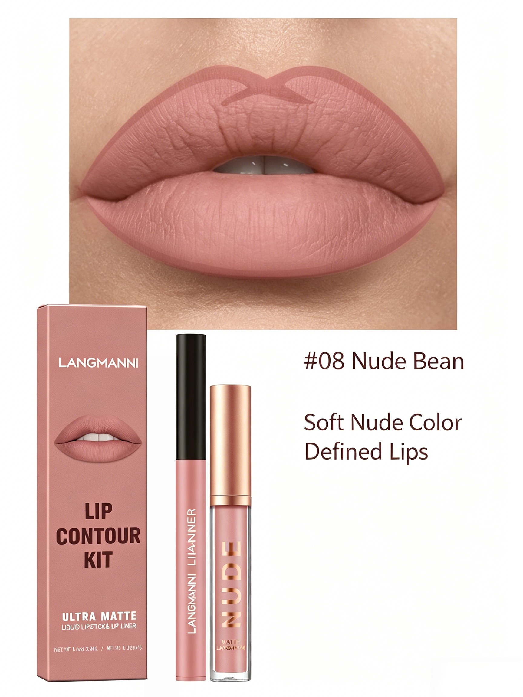 LANGMANNI Ultra Matte Nude Lip Contour Kit - Liquid Lipstick and Lip Liner Set #08 Nude Bean