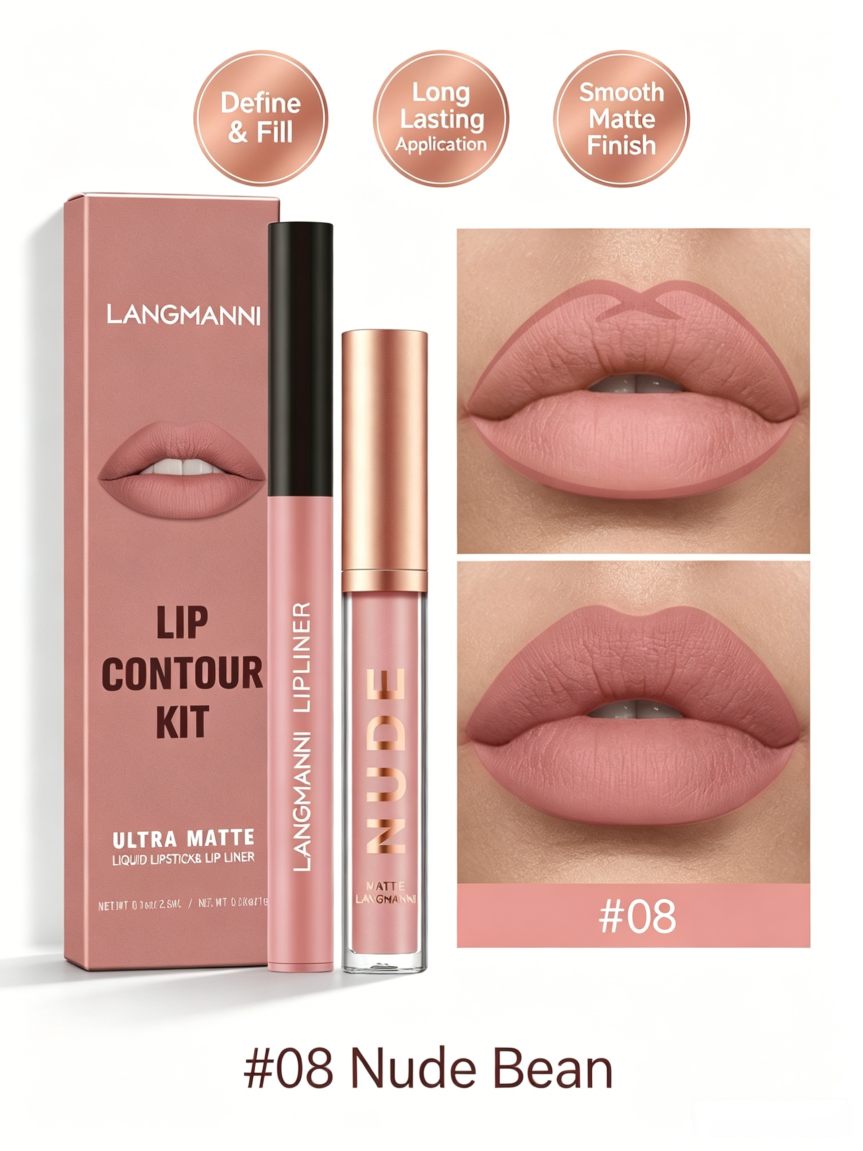 LANGMANNI Ultra Matte Nude Lip Contour Kit - Liquid Lipstick and Lip Liner Set #08 Nude Bean