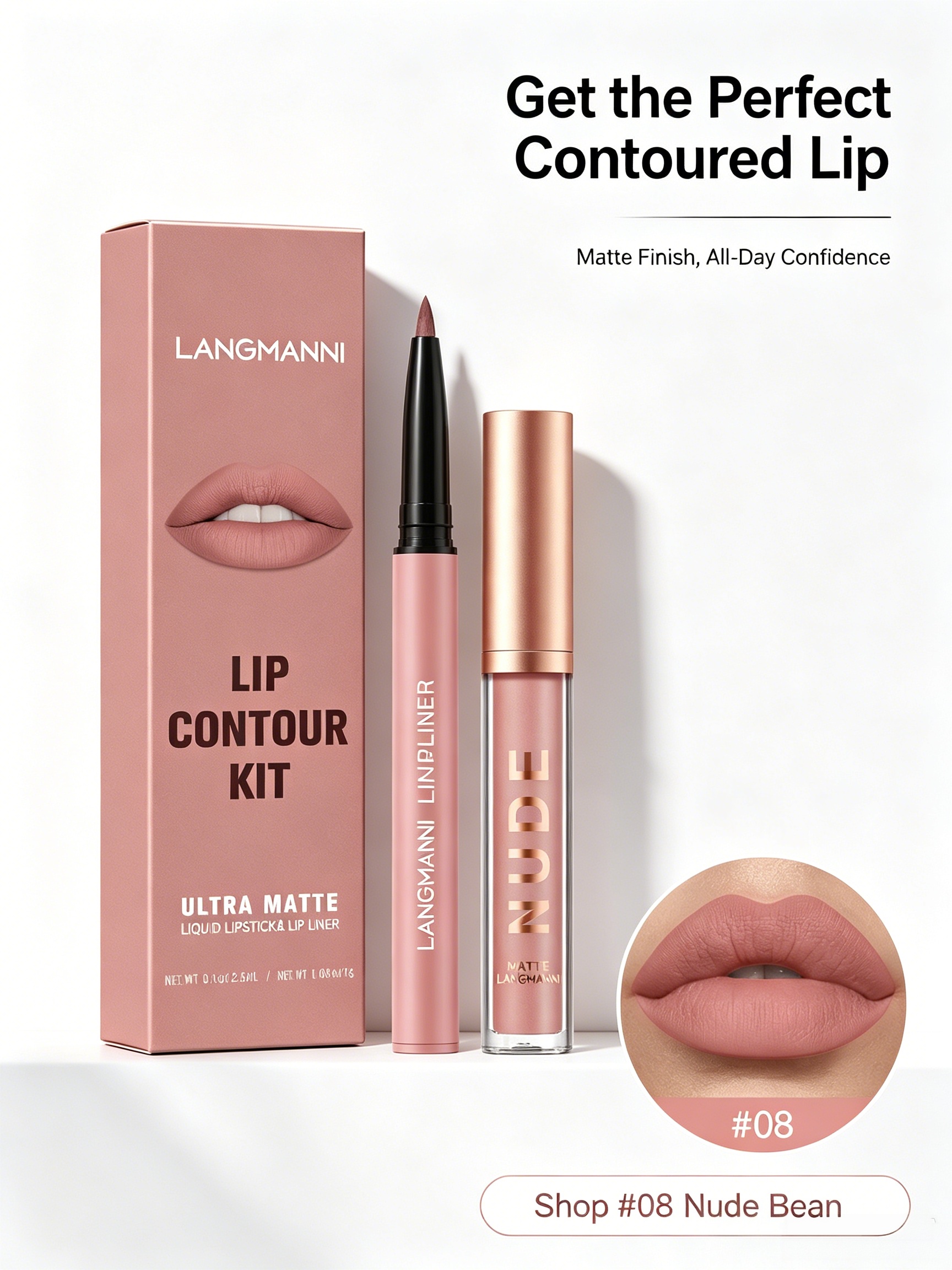 LANGMANNI Ultra Matte Nude Lip Contour Kit - Liquid Lipstick and Lip Liner Set #08 Nude Bean
