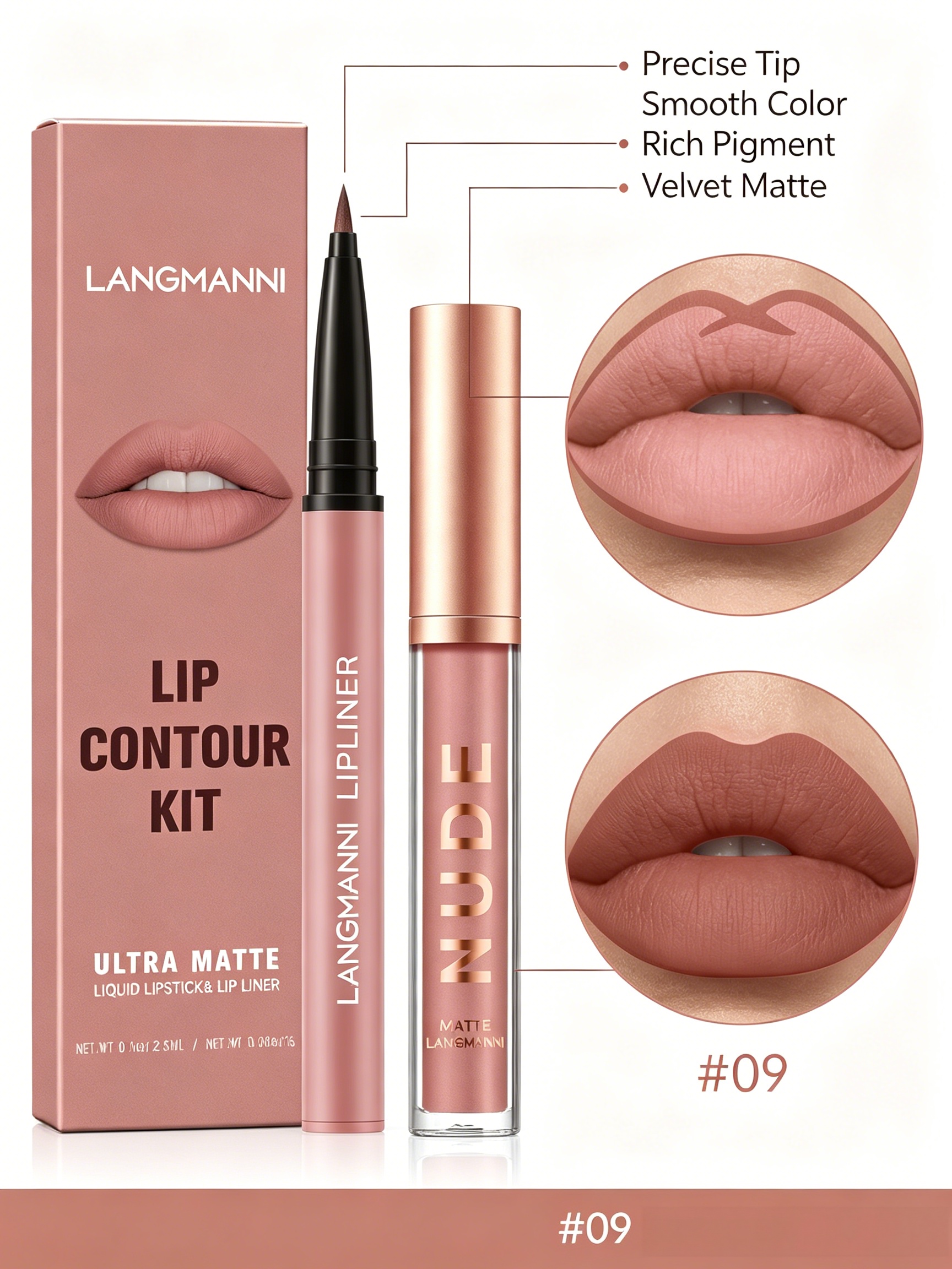 LANGMANNI Ultra Matte Nude Lip Contour Kit - Dark Pink Lip Liner and Lipstick Set