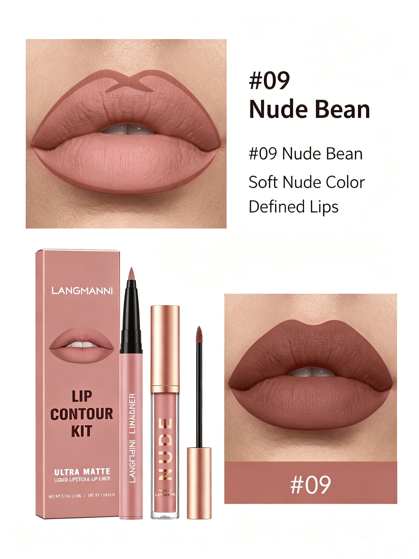 LANGMANNI Ultra Matte Nude Lip Contour Kit - Dark Pink Lip Liner and Lipstick Set