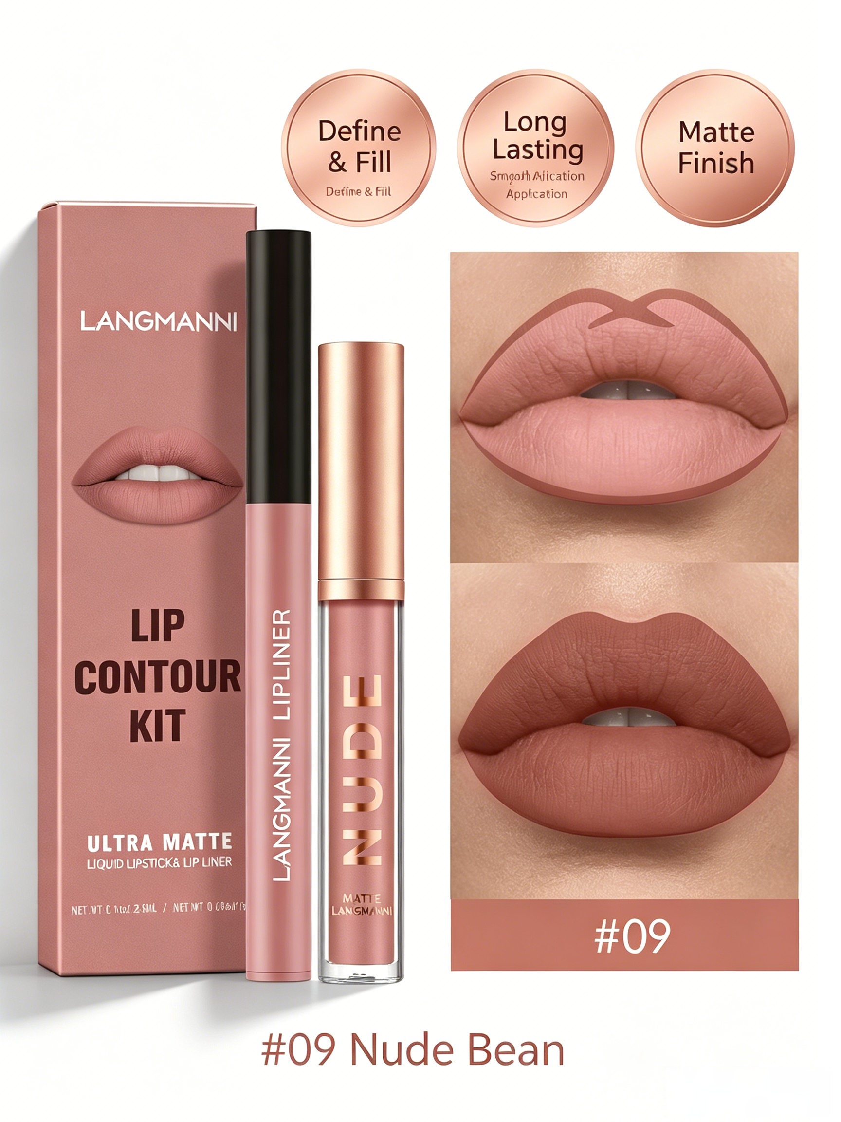 LANGMANNI Ultra Matte Nude Lip Contour Kit - Dark Pink Lip Liner and Lipstick Set