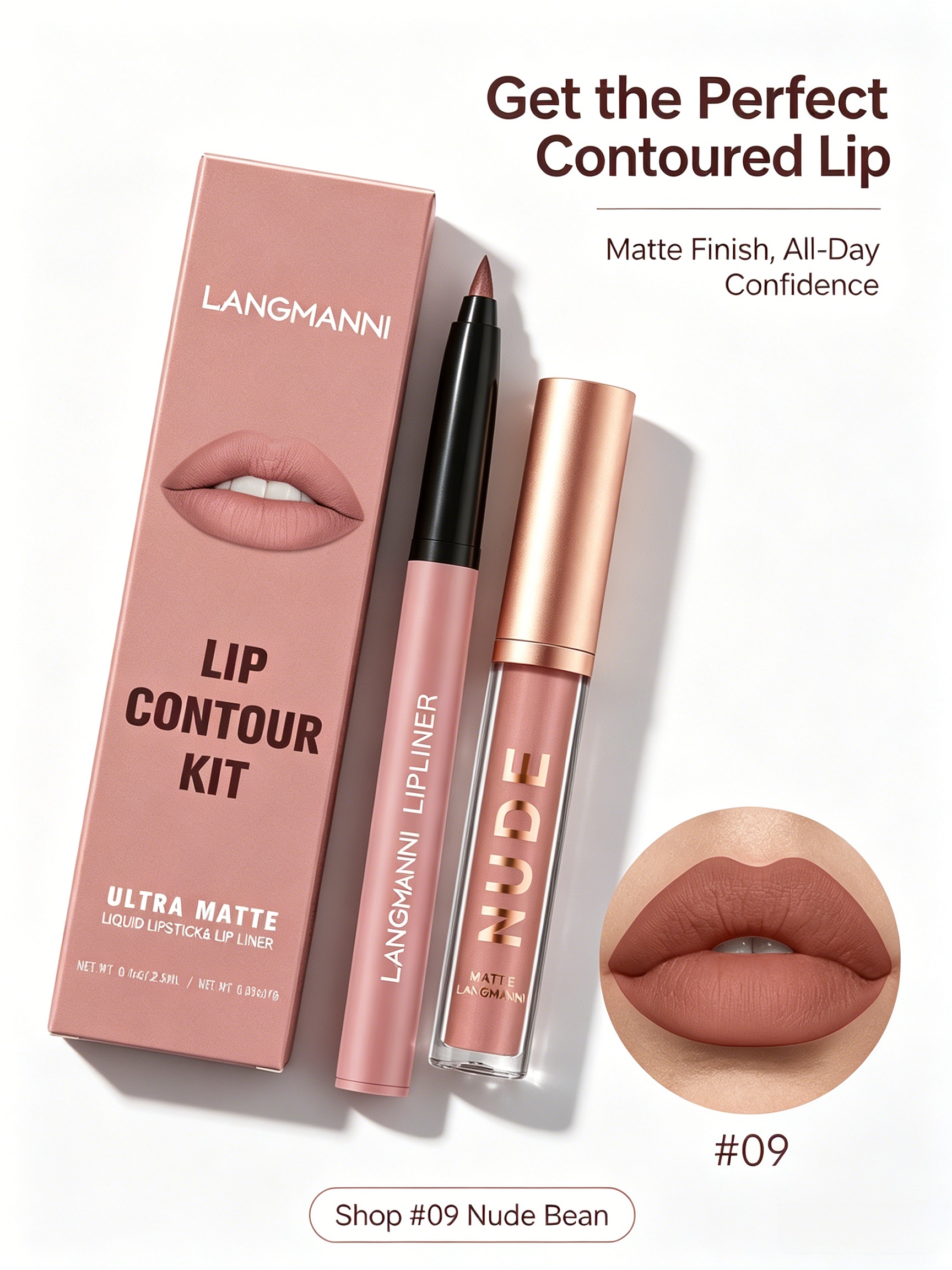 LANGMANNI Ultra Matte Nude Lip Contour Kit - Dark Pink Lip Liner and Lipstick Set