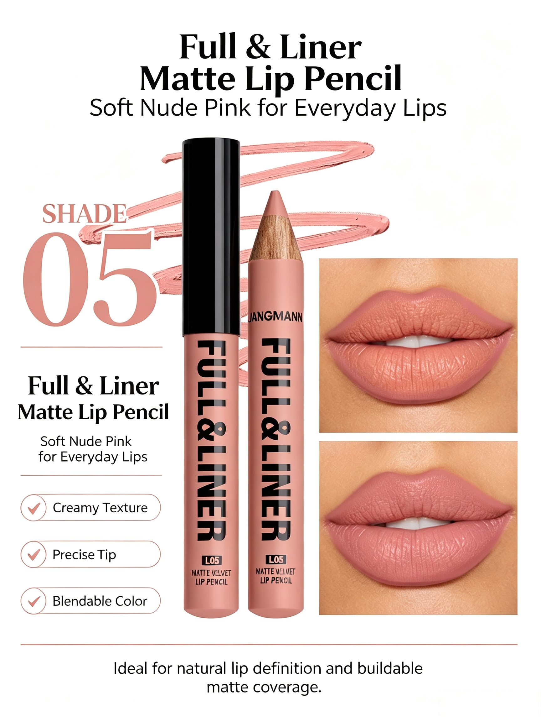 ANGMANN Full and Liner Matte Nude Rose Lip Pencil - Shade 05
