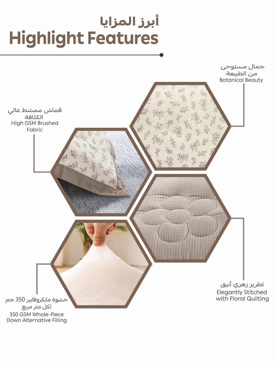 4-Piece Single Comforter Set, 170x230 cm, Reversible Printed, Brushed Microfiber, 350 GSM Down Alternative Filling, (Ivory/Grey)