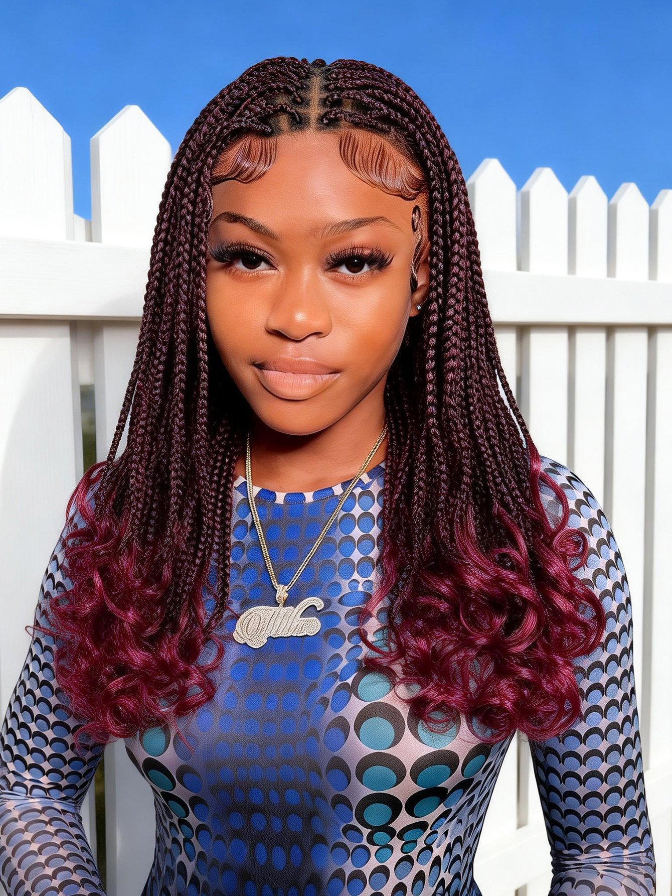 22 Burgundy and Black Braided Lace Wig with Curly Ends - Synthetic Full Lace