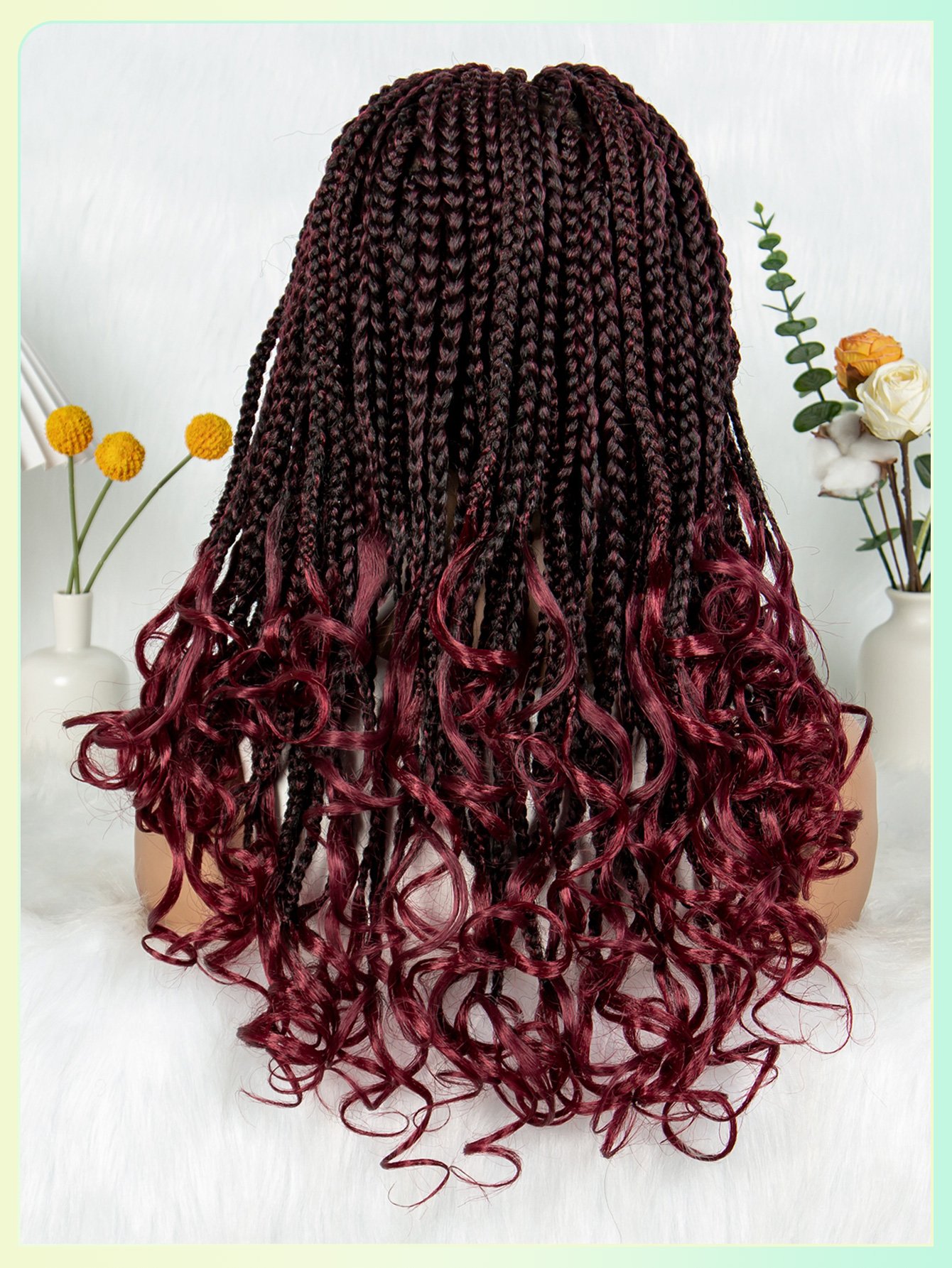 22 Burgundy and Black Braided Lace Wig with Curly Ends - Synthetic Full Lace