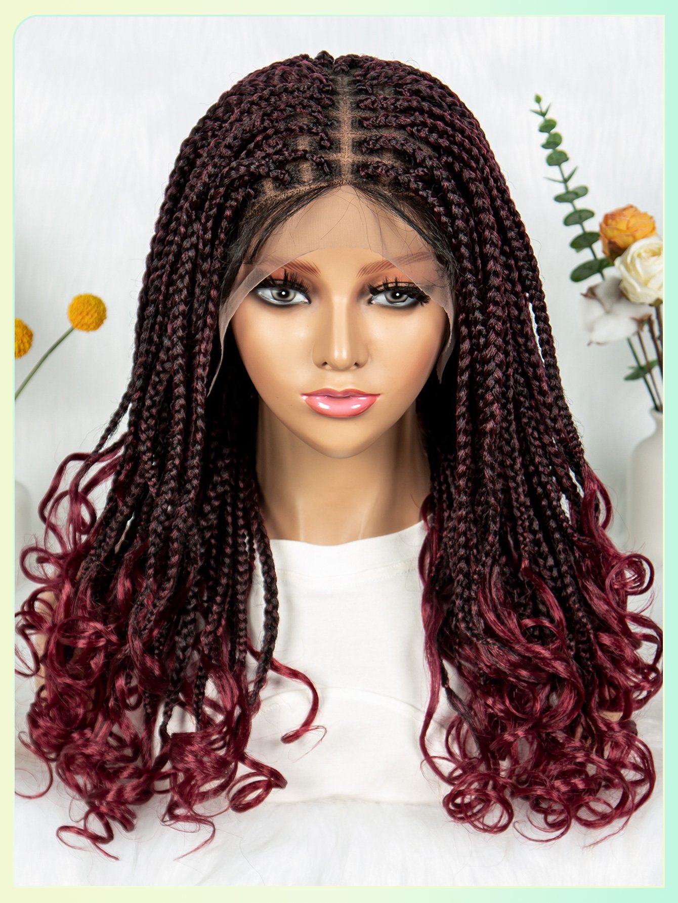 22 Burgundy and Black Braided Lace Wig with Curly Ends - Synthetic Full Lace
