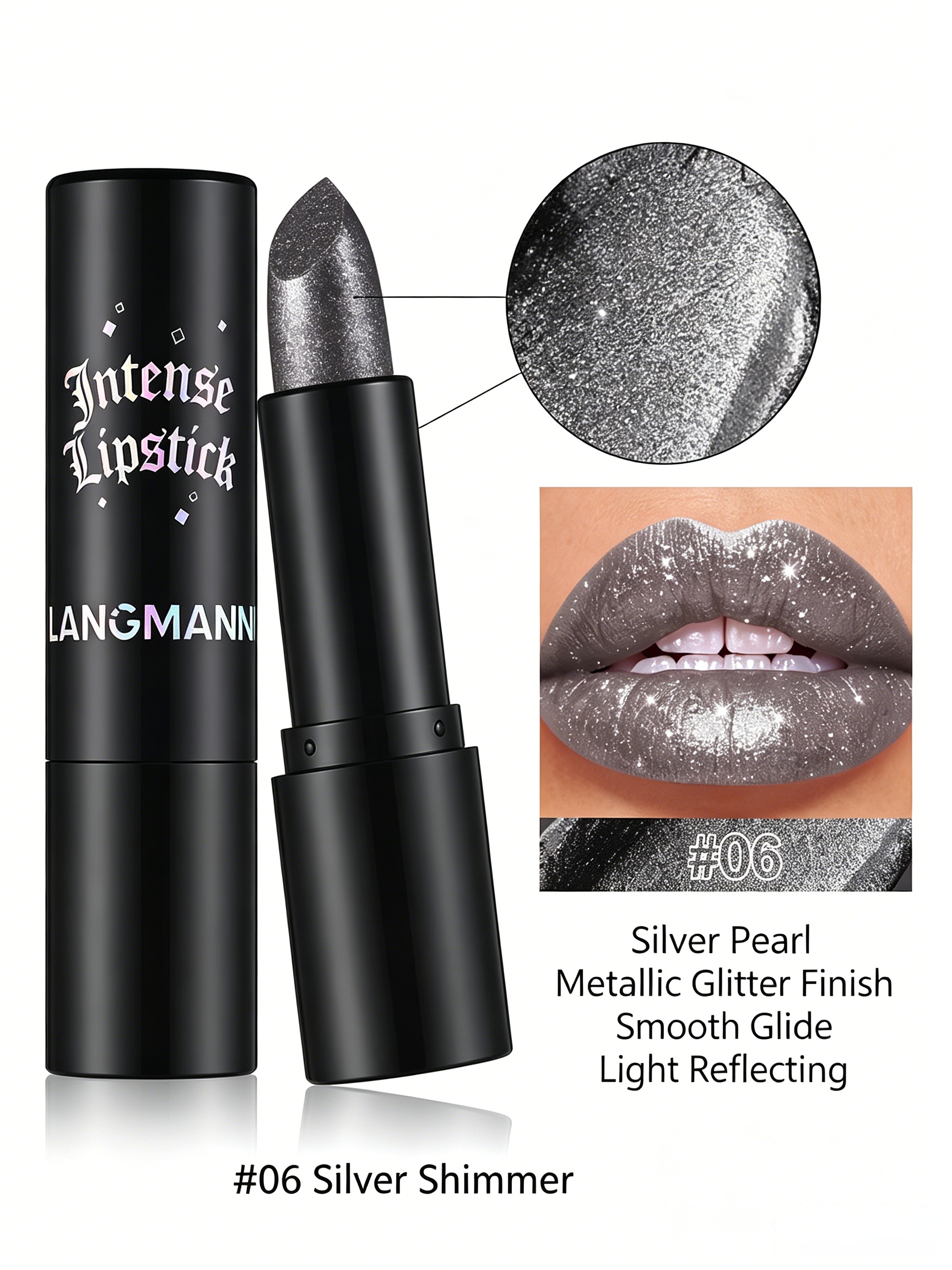 Intense Glitter Silver Gray Pearl Lipstick - #06 Shimmer Finish