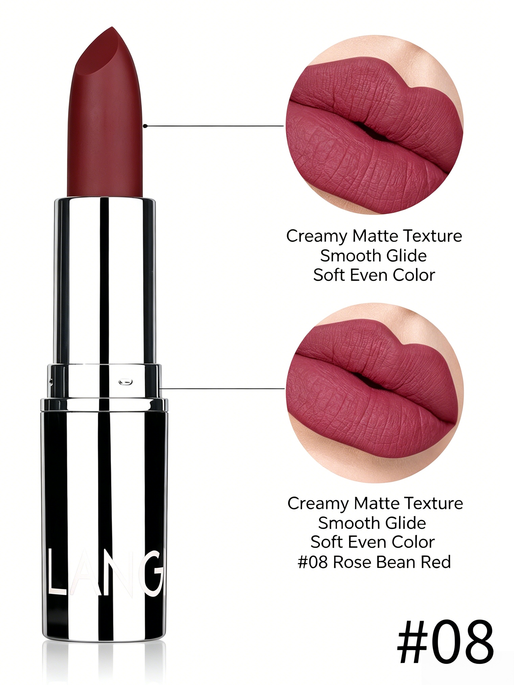 Rose Bean Red Matte Lipstick - Creamy and Long-Lasting Finish #08