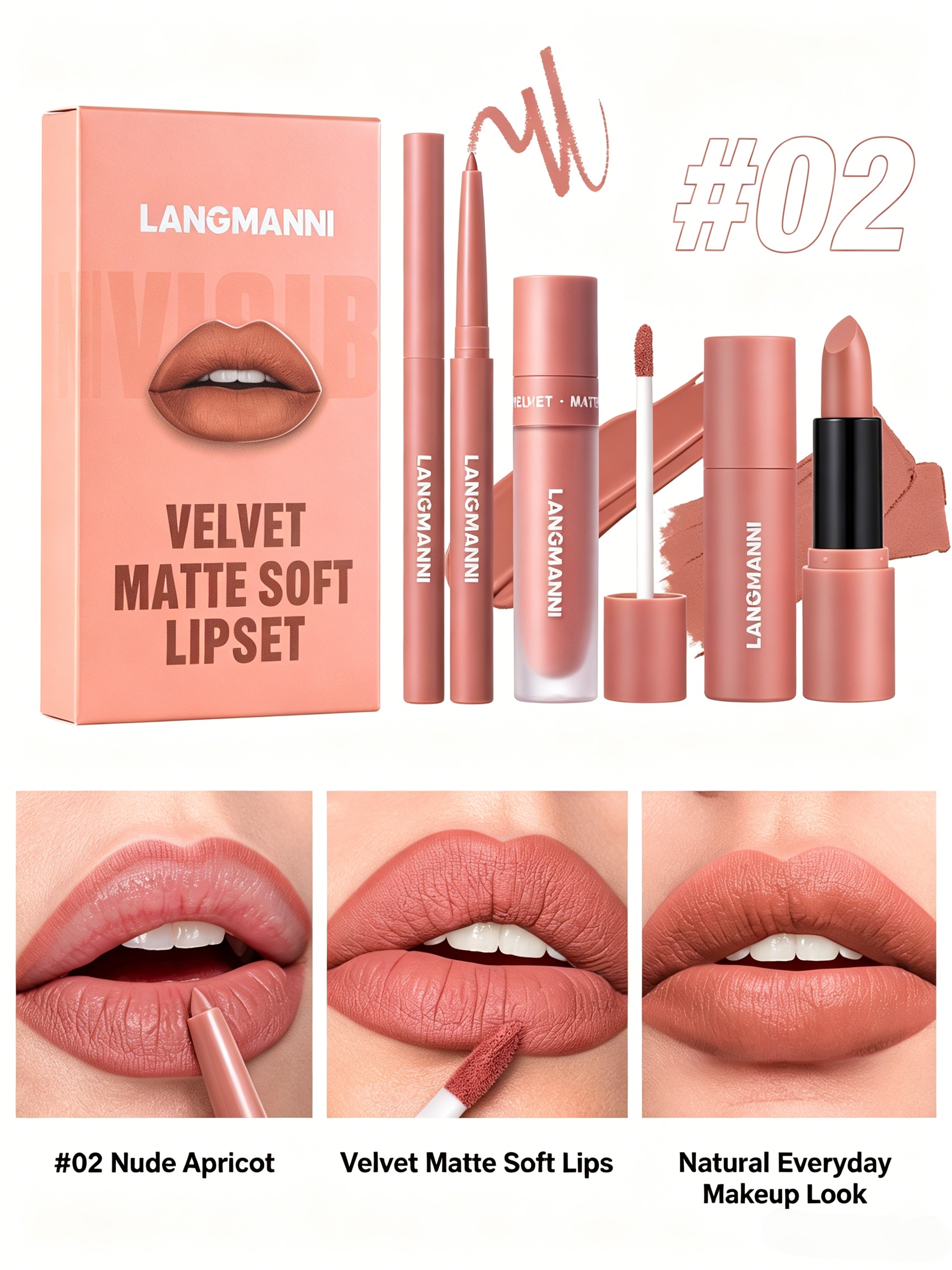 LANGMANNI Velvet Matte Nude Apricot Lip Set - 3-in-1 Long-Lasting Lip Kit