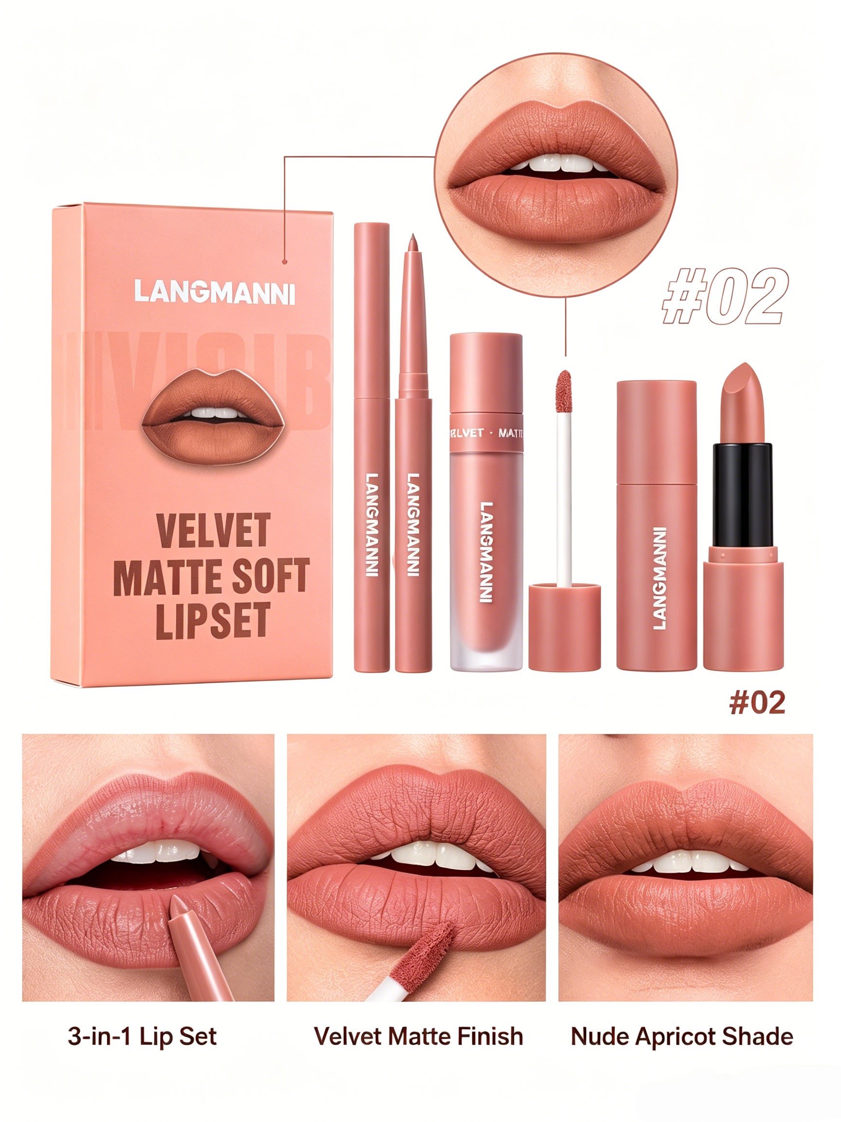 LANGMANNI Velvet Matte Nude Apricot Lip Set - 3-in-1 Long-Lasting Lip Kit