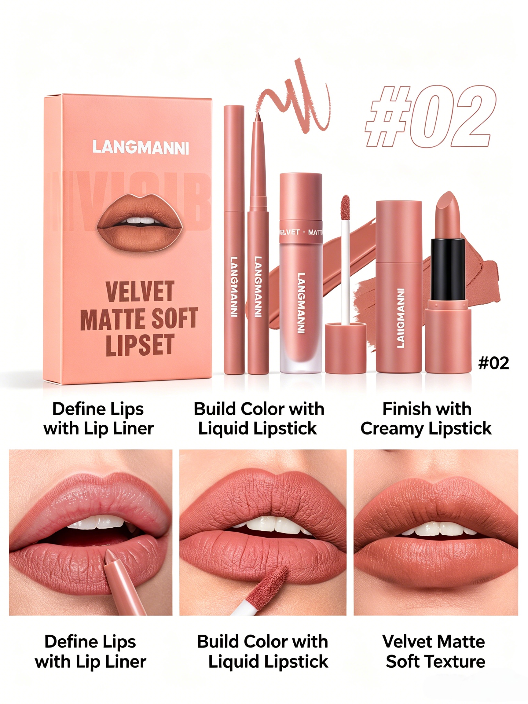LANGMANNI Velvet Matte Nude Apricot Lip Set - 3-in-1 Long-Lasting Lip Kit