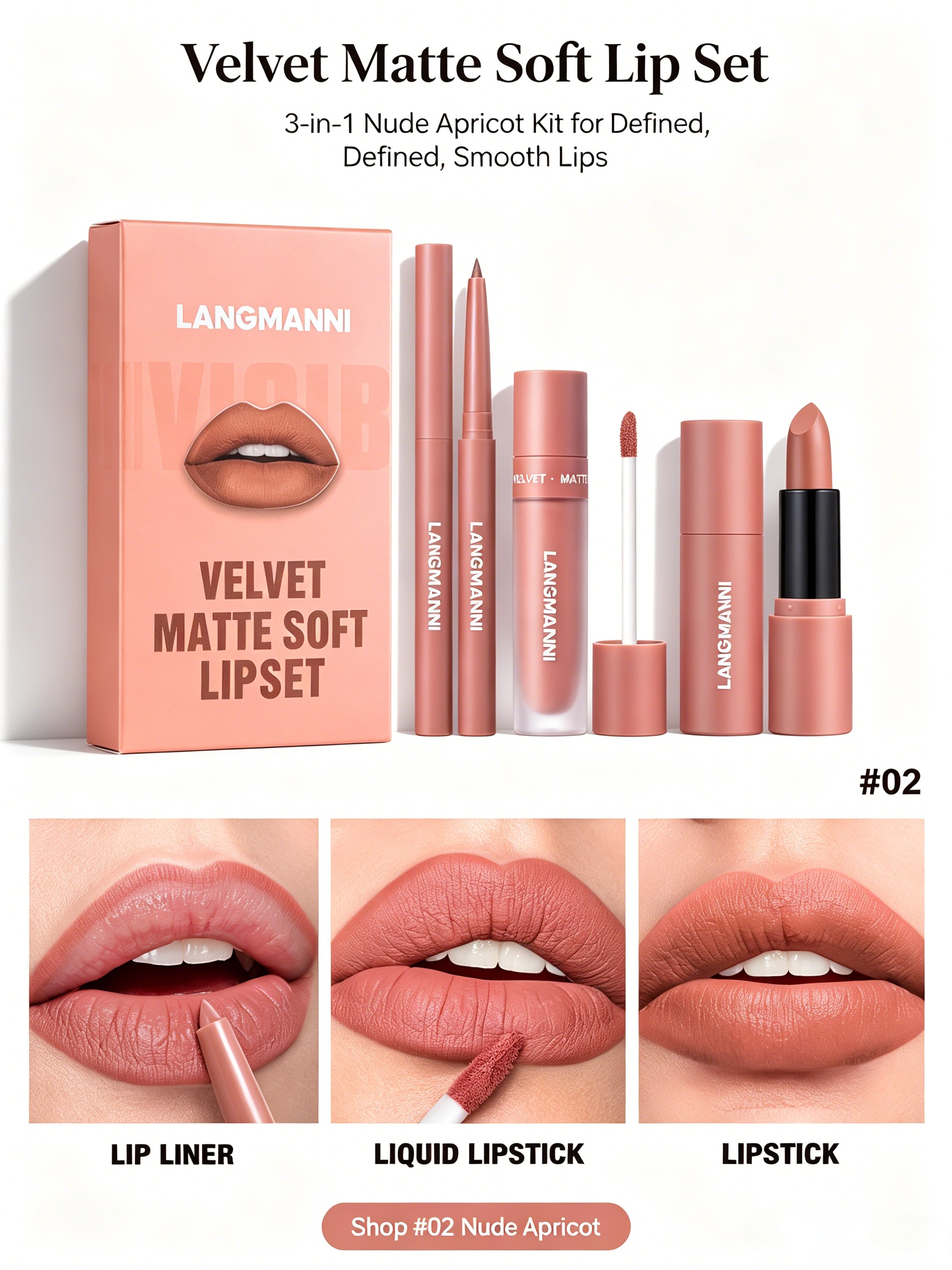 LANGMANNI Velvet Matte Nude Apricot Lip Set - 3-in-1 Long-Lasting Lip Kit