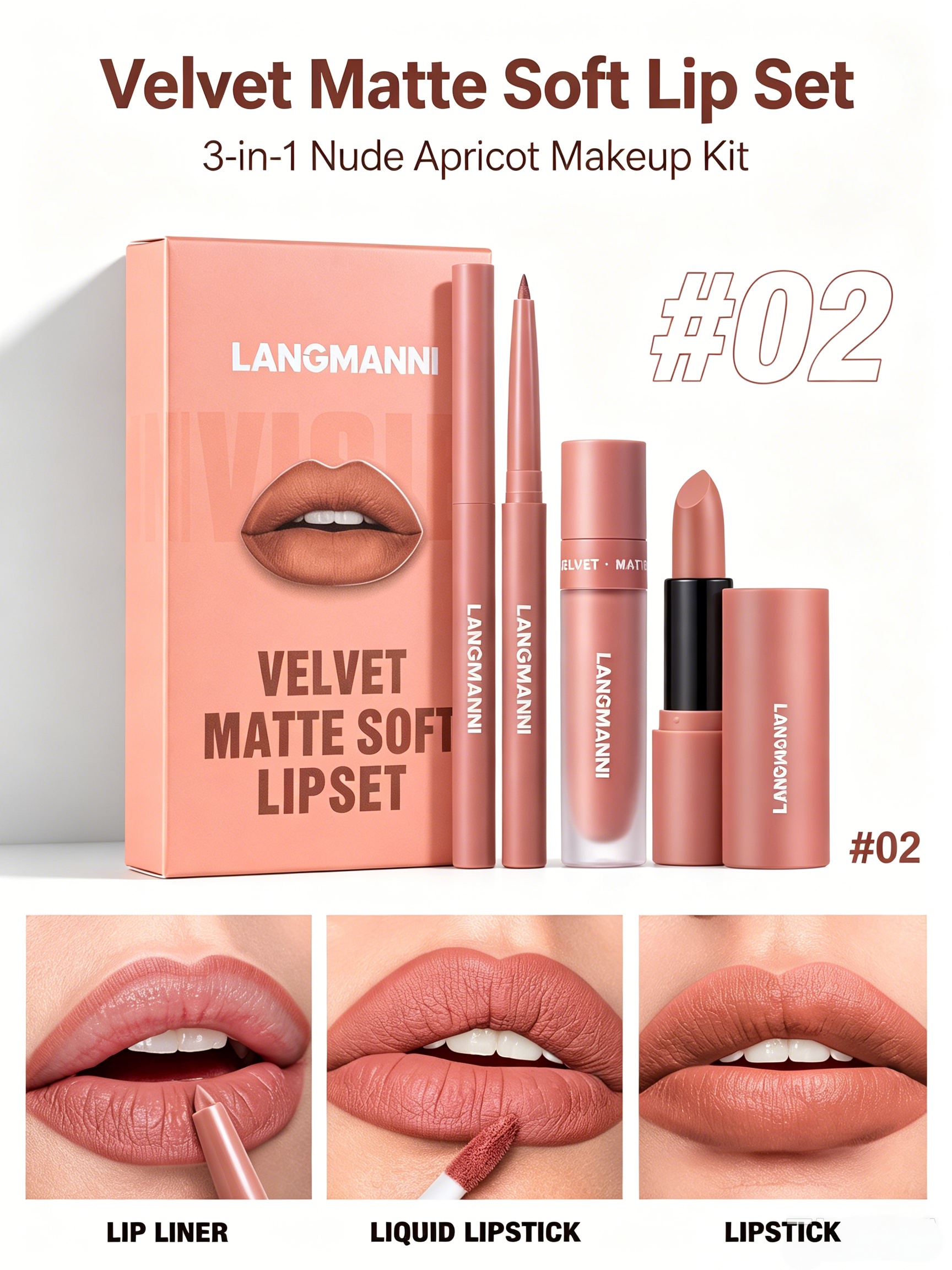 LANGMANNI Velvet Matte Nude Apricot Lip Set - 3-in-1 Long-Lasting Lip Kit