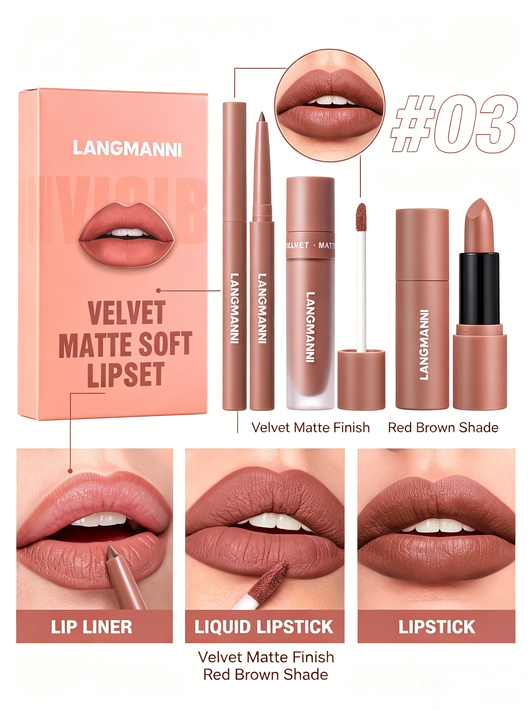 LANGMANNI Velvet Matte Soft Lip Set - #03 Red Brown 3-Piece Kit
