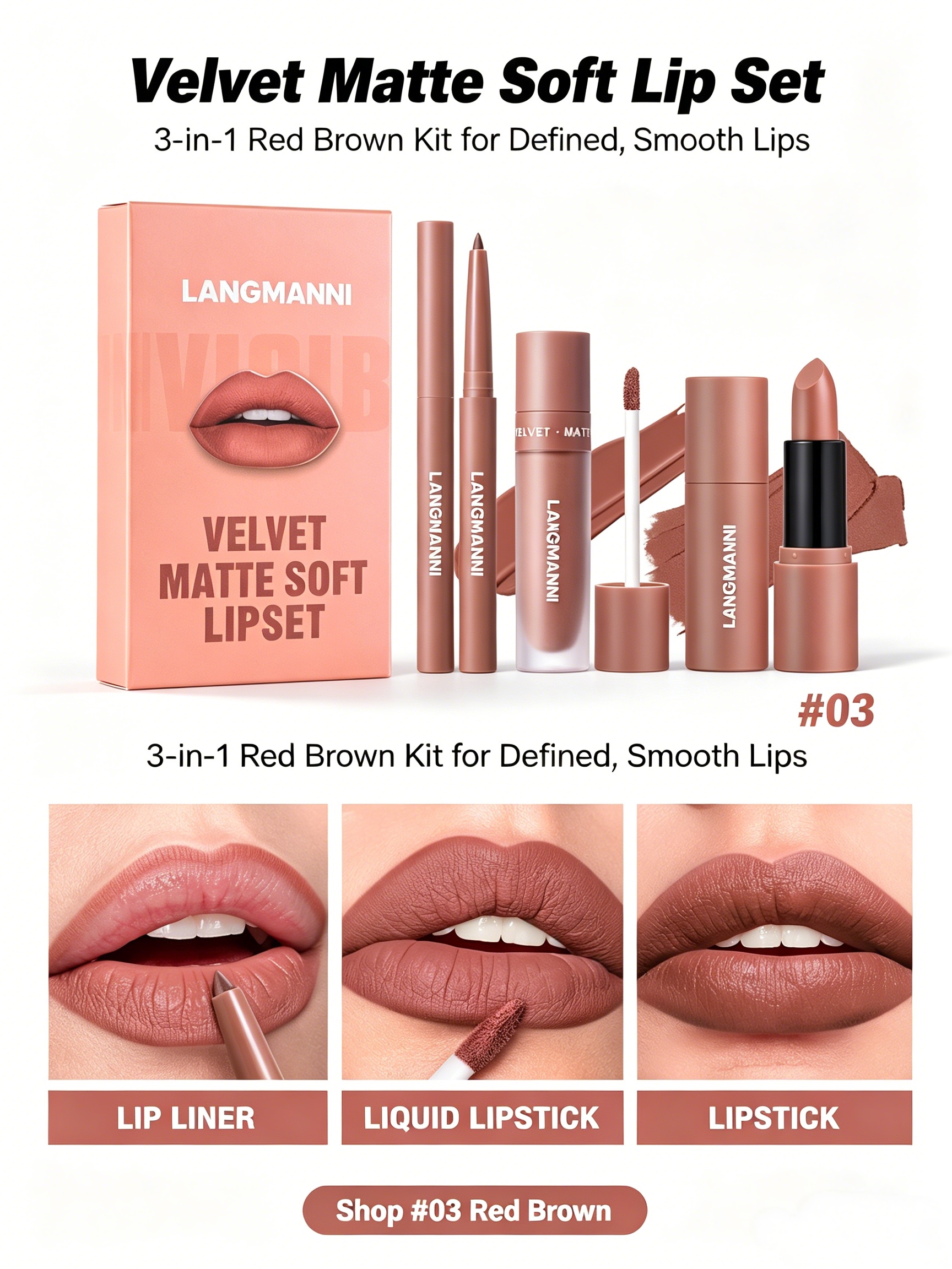 LANGMANNI Velvet Matte Soft Lip Set - #03 Red Brown 3-Piece Kit