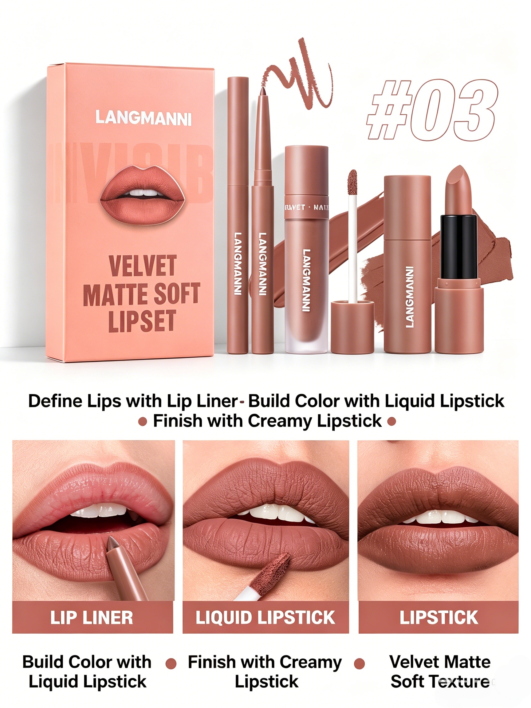 LANGMANNI Velvet Matte Soft Lip Set - #03 Red Brown 3-Piece Kit