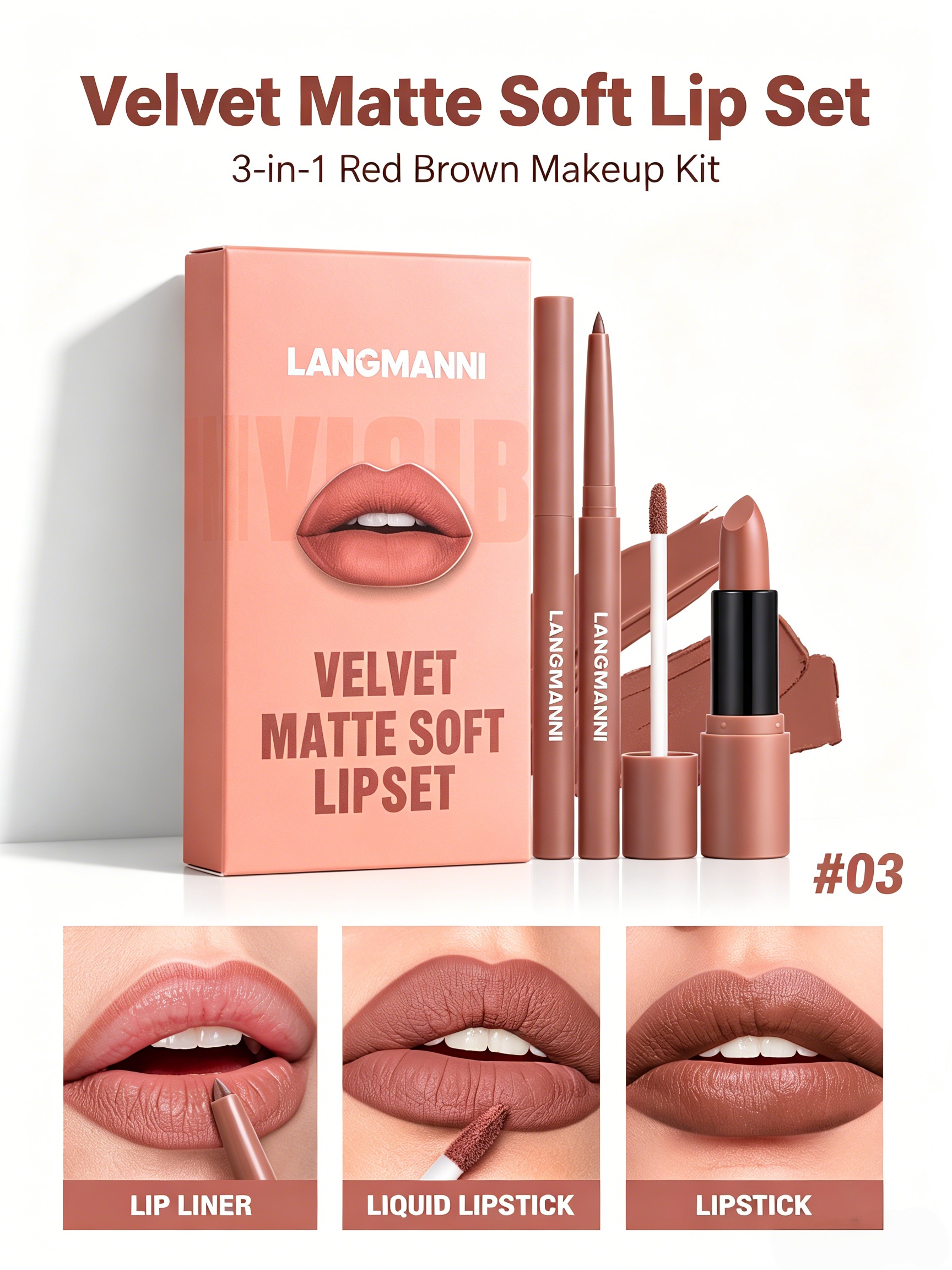 LANGMANNI Velvet Matte Soft Lip Set - #03 Red Brown 3-Piece Kit