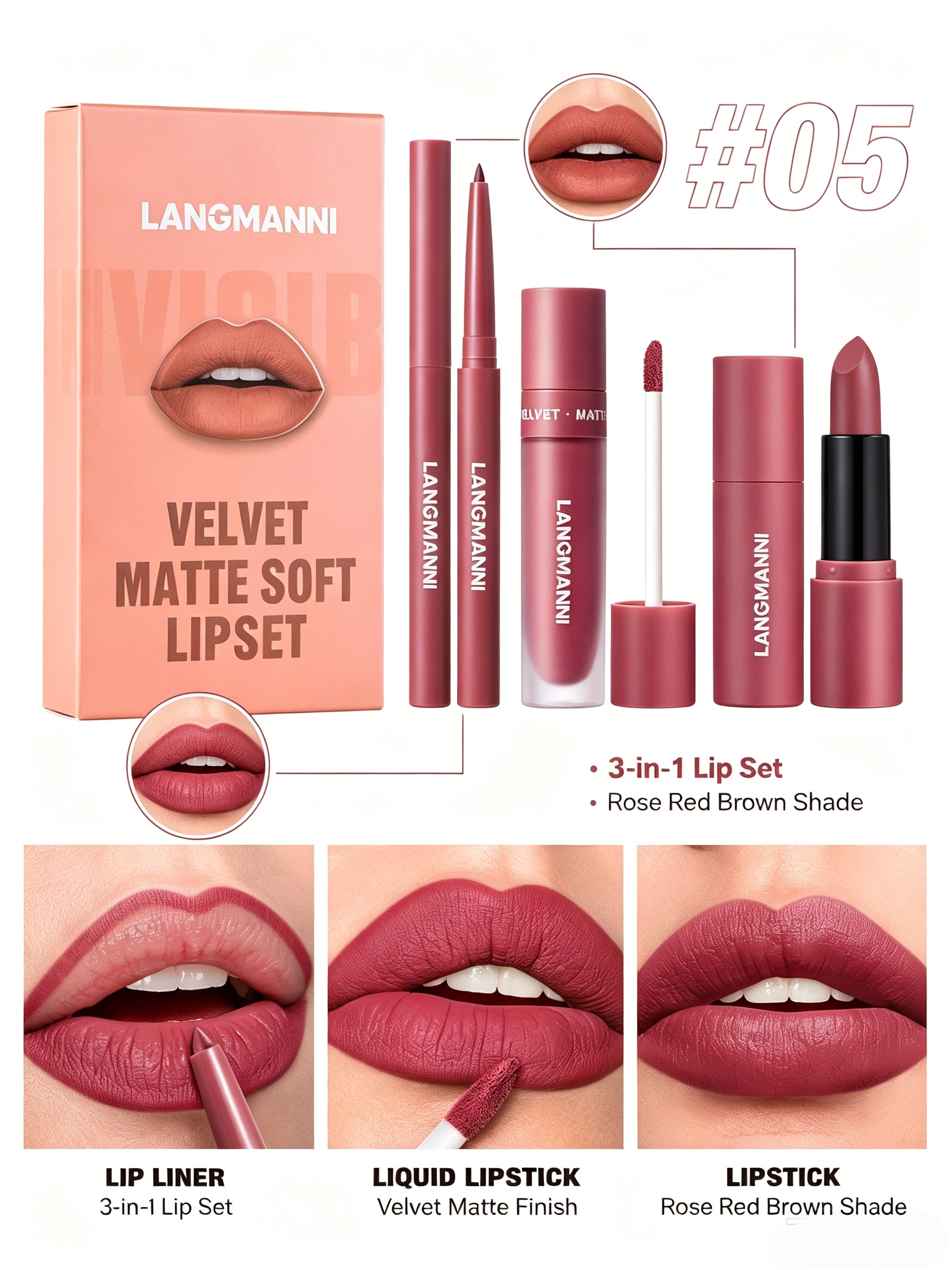 LANGMANNI Velvet Matte Lip Kit #05: Rose Red Brown 3-in-1 Set