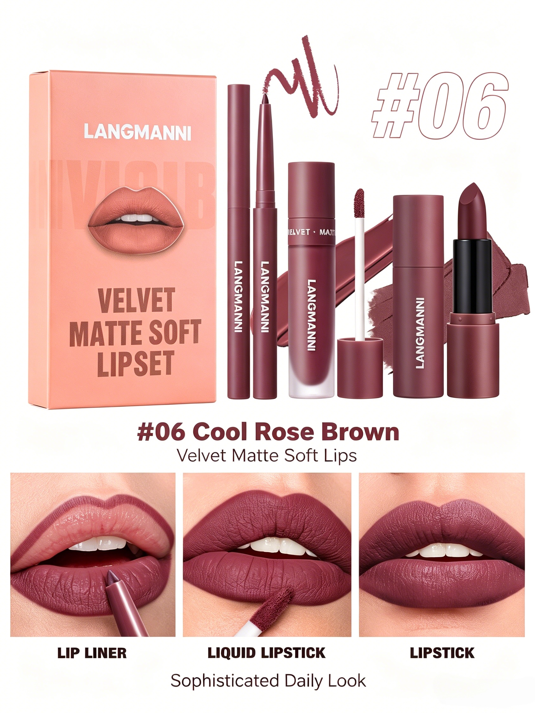 LANGMANNI Velvet Matte Lip Set #06: Cool Rose Brown (Liner, Liquid, Lipstick)